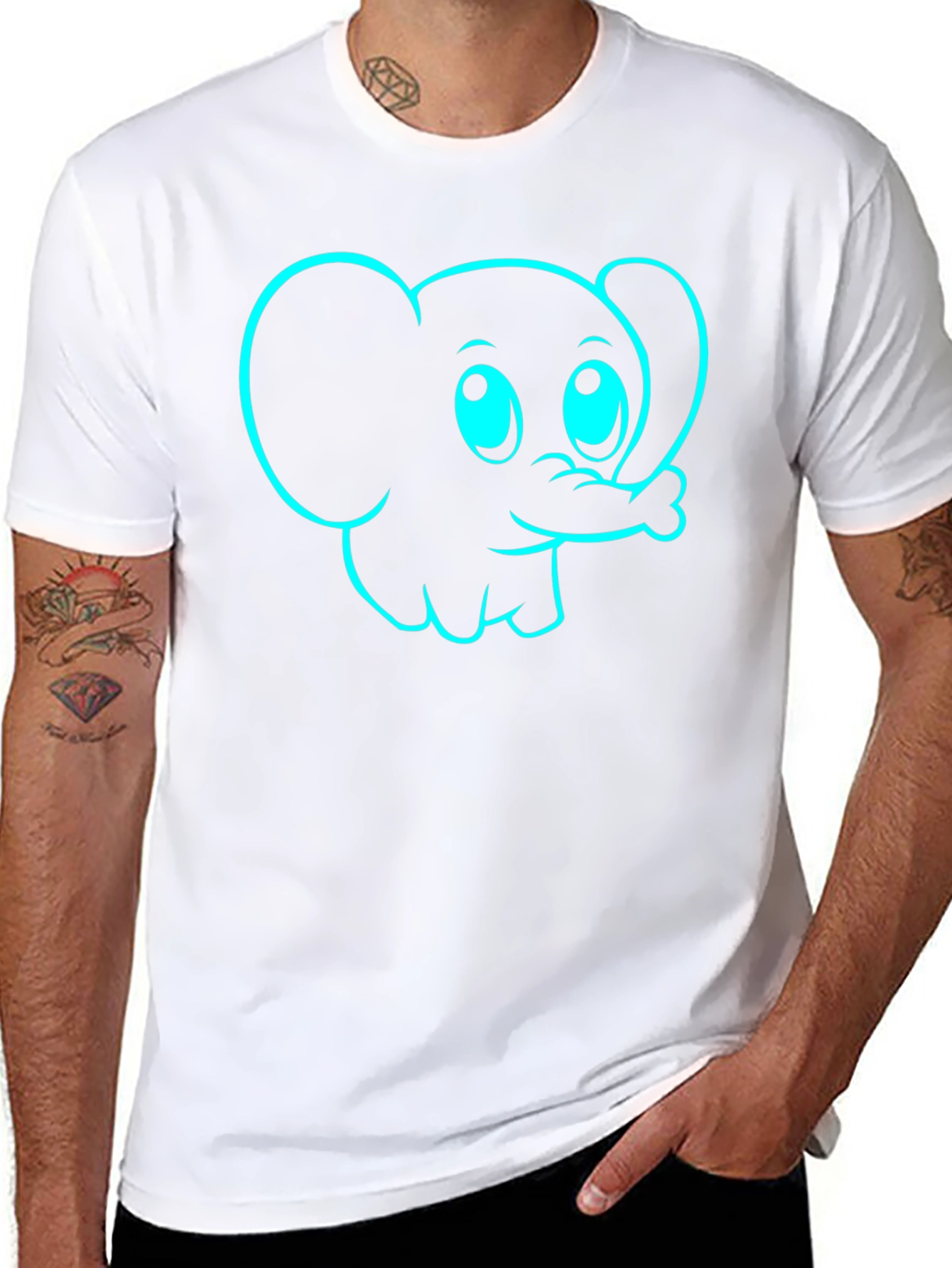 Black Cartoon Elephant Graphic Tee - Black Cotton T-Shirt view 8