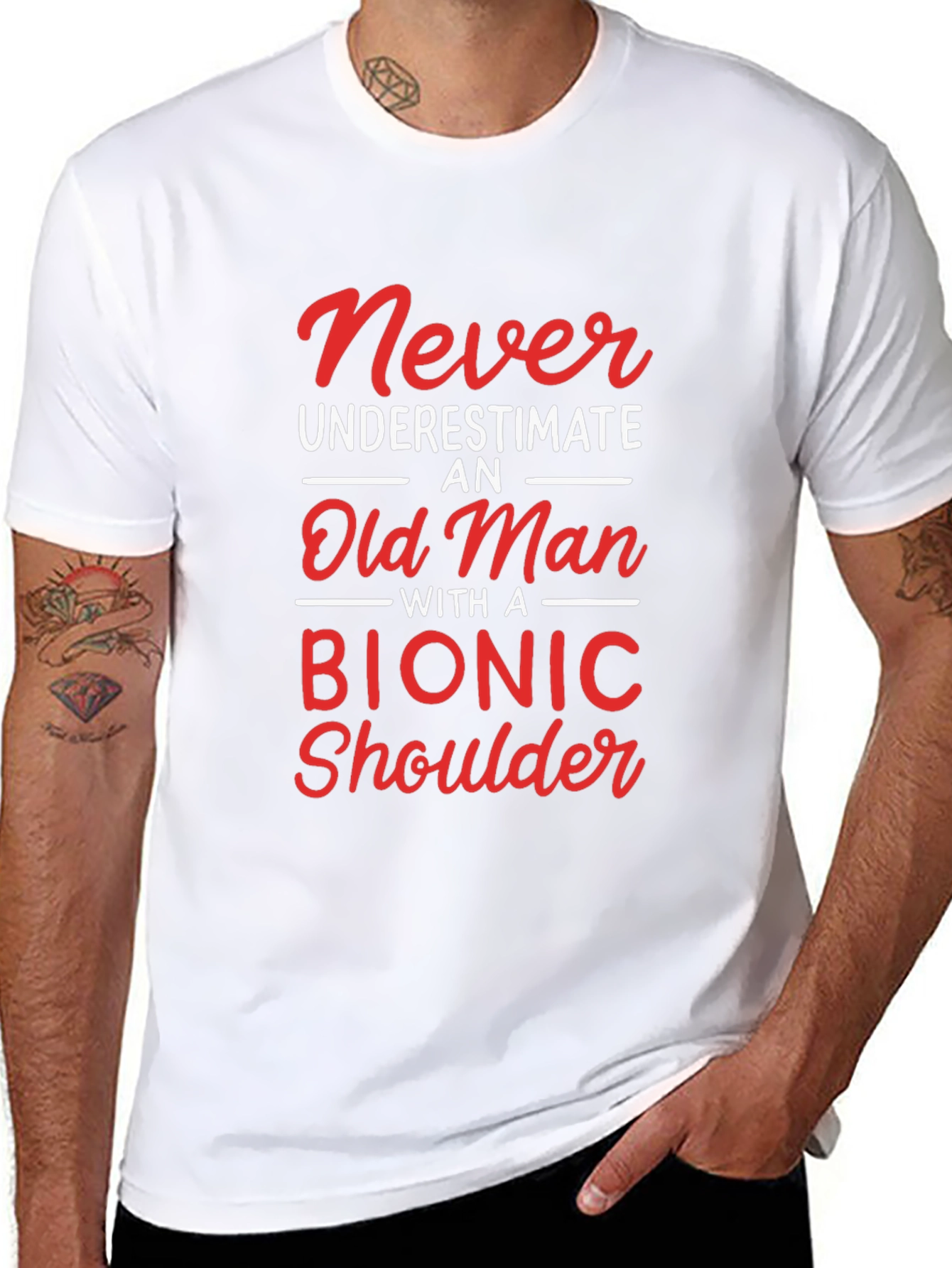 Black Funny Bionic Shoulder Old Man T-Shirt view 8