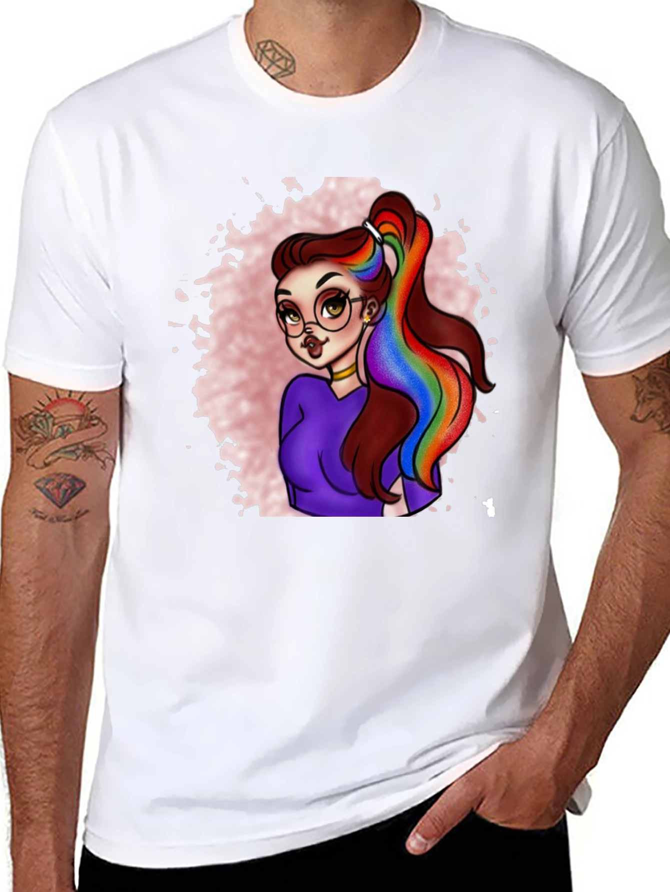 Black Rainbow Hair Cartoon Graphic T-Shirt view 8