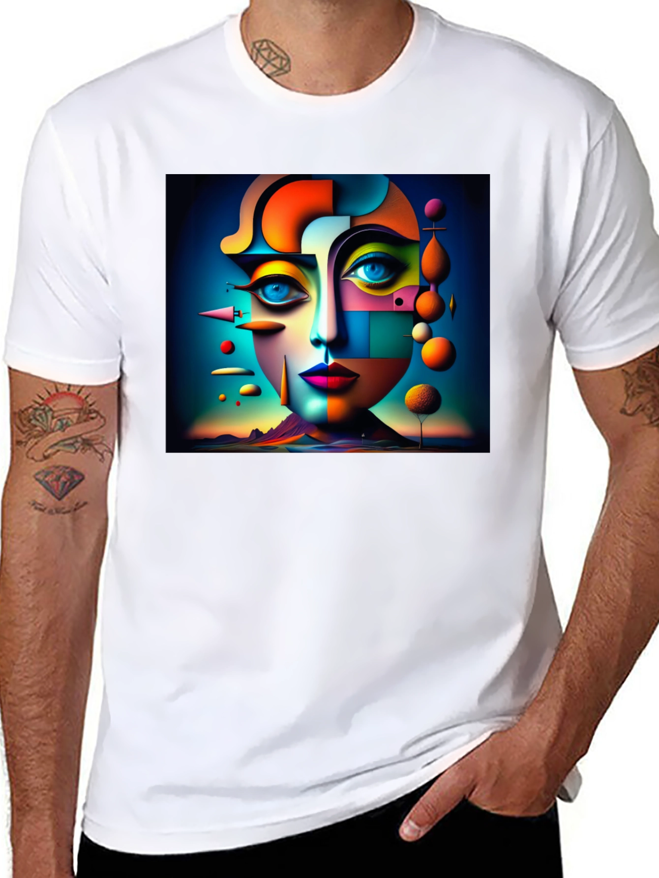 Black Abstract Geometric Face Art Black T-Shirt view 8