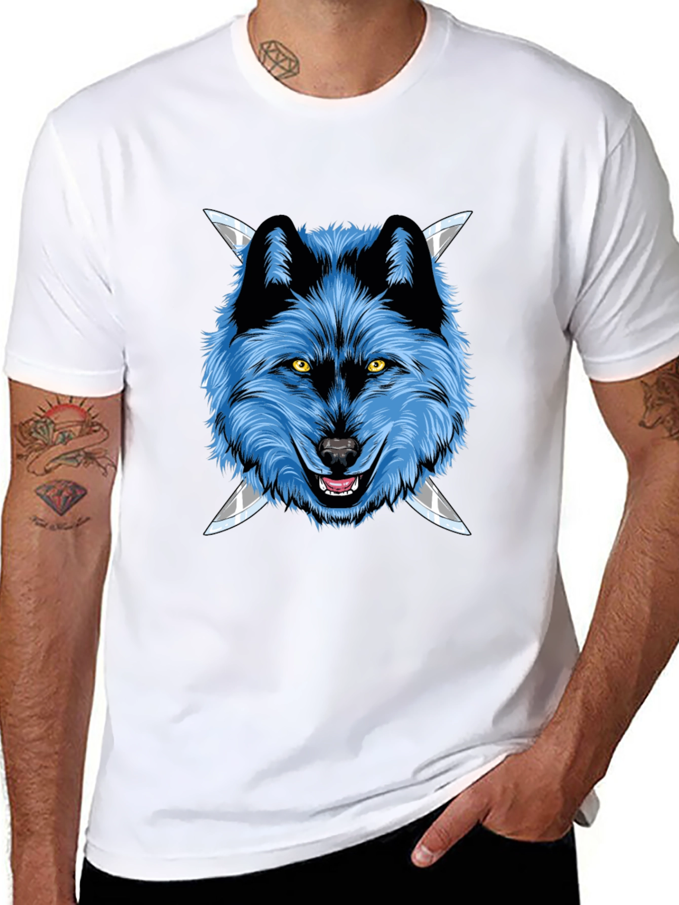 Black Wolf Graphic Tee: Fierce Blue Wolf with Knives view 8