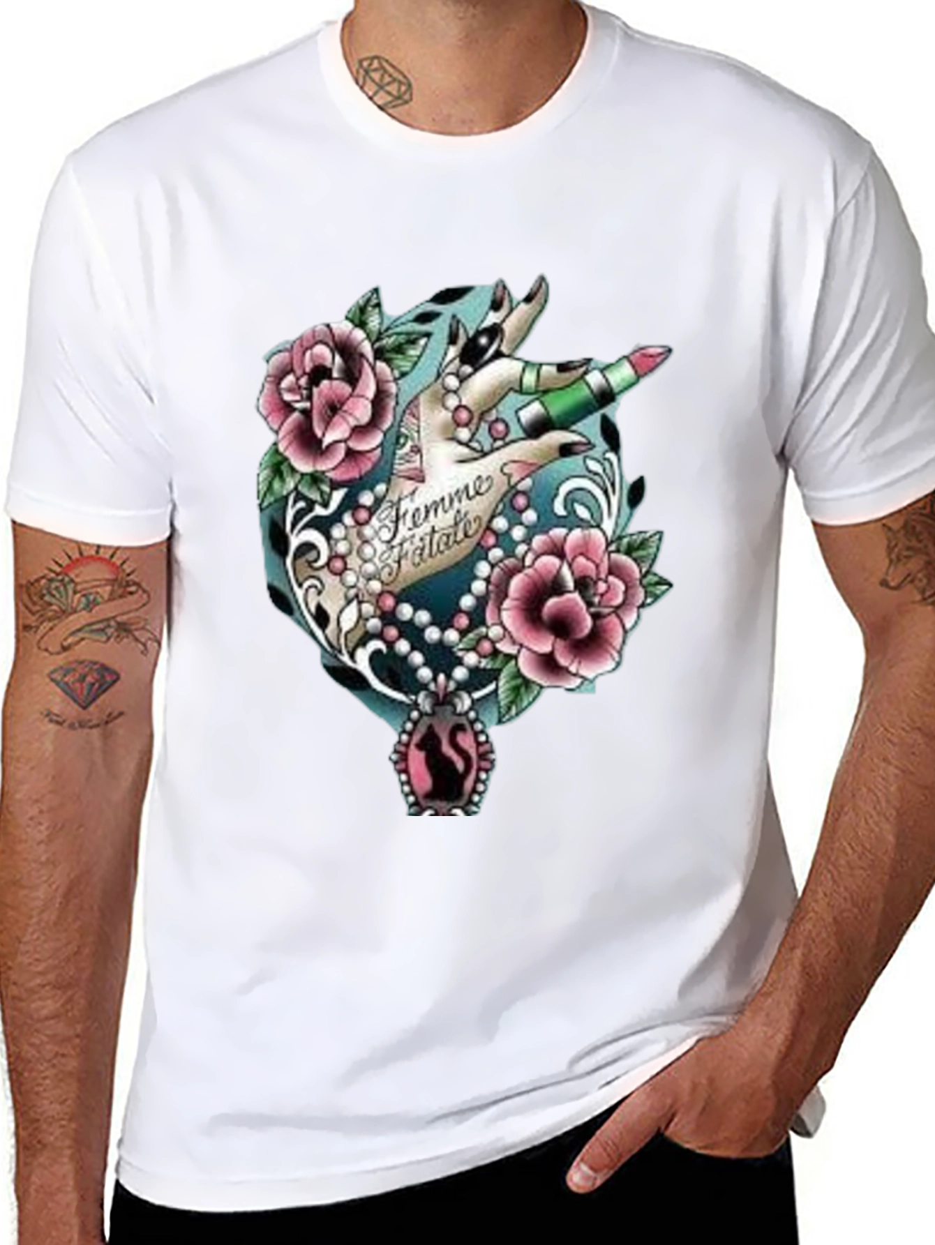 Black Femme Fatale Graphic T-Shirt - Roses & Lipstick Design view 8