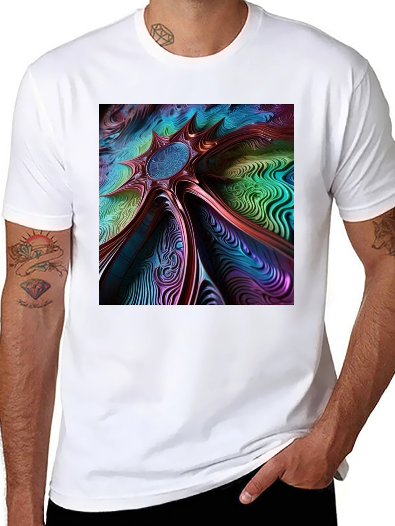 Black Abstract Art Tee: Colorful Vortex Design view 8