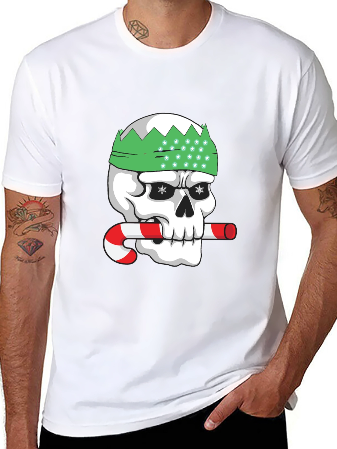 Black Festive Skull Graphic Tee - Holiday Humor view 8