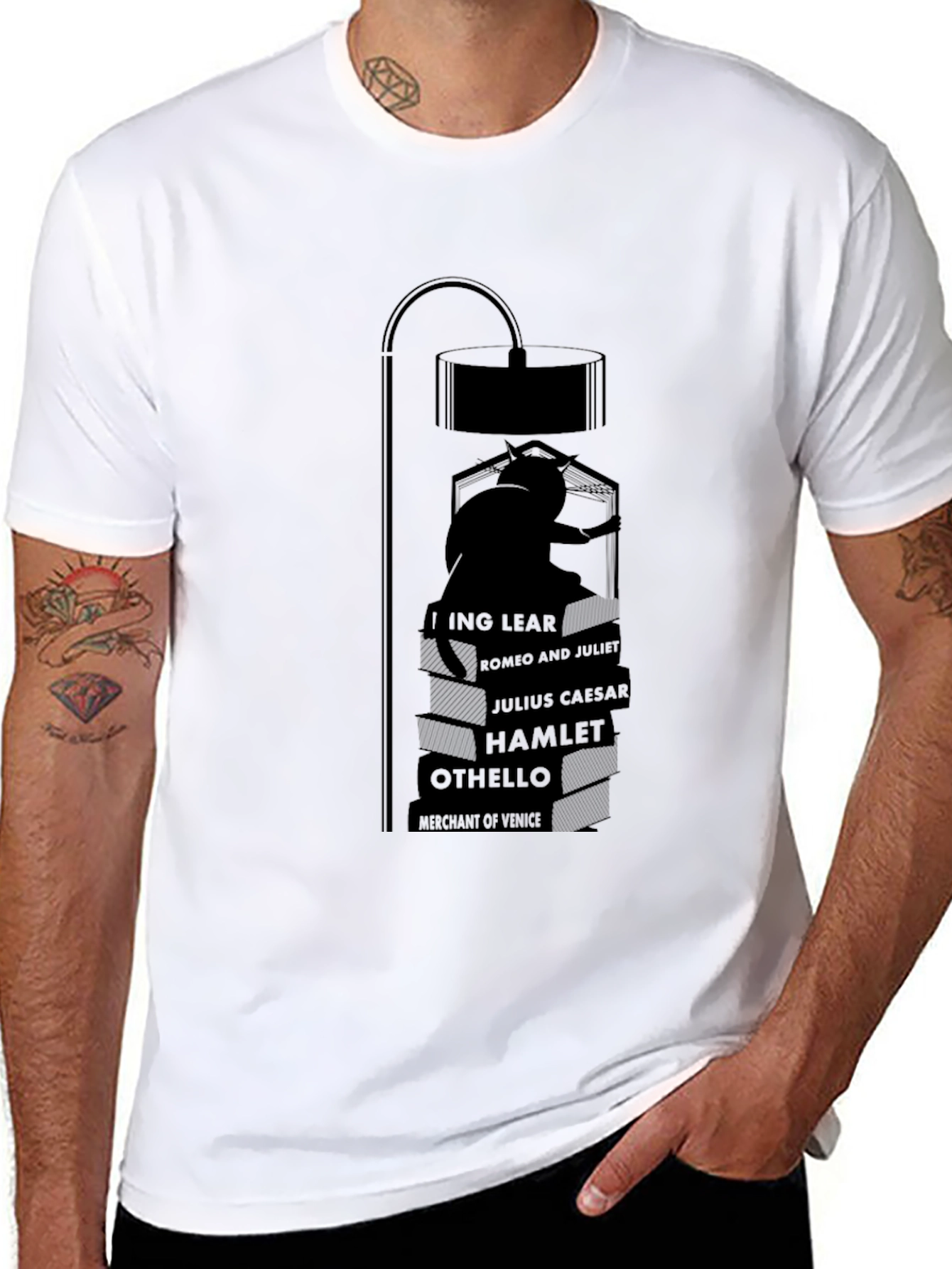 Black Literary Cat Lamp Black T-Shirt view 8