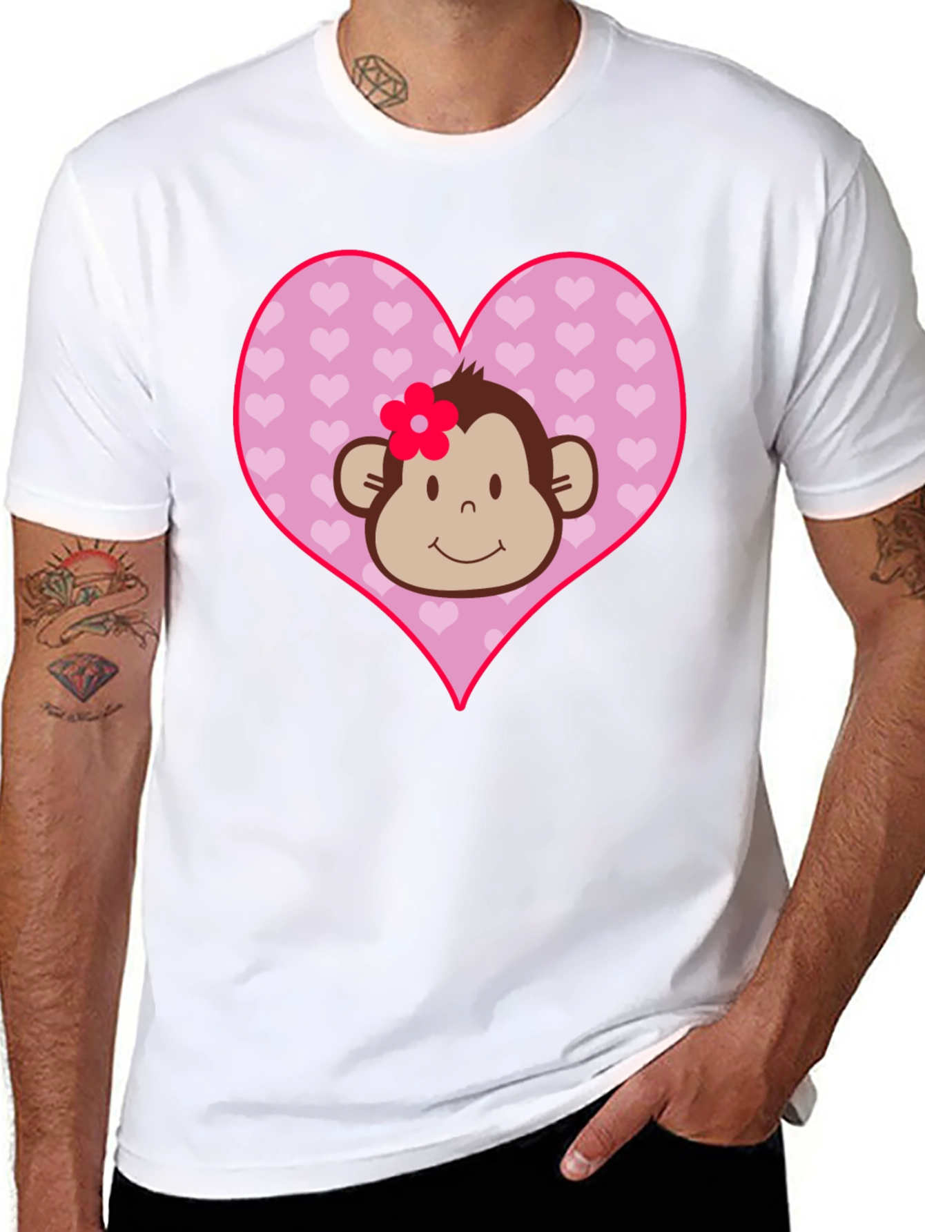 Black Cute Monkey Heart Graphic Tee - Black Cotton Shirt view 8