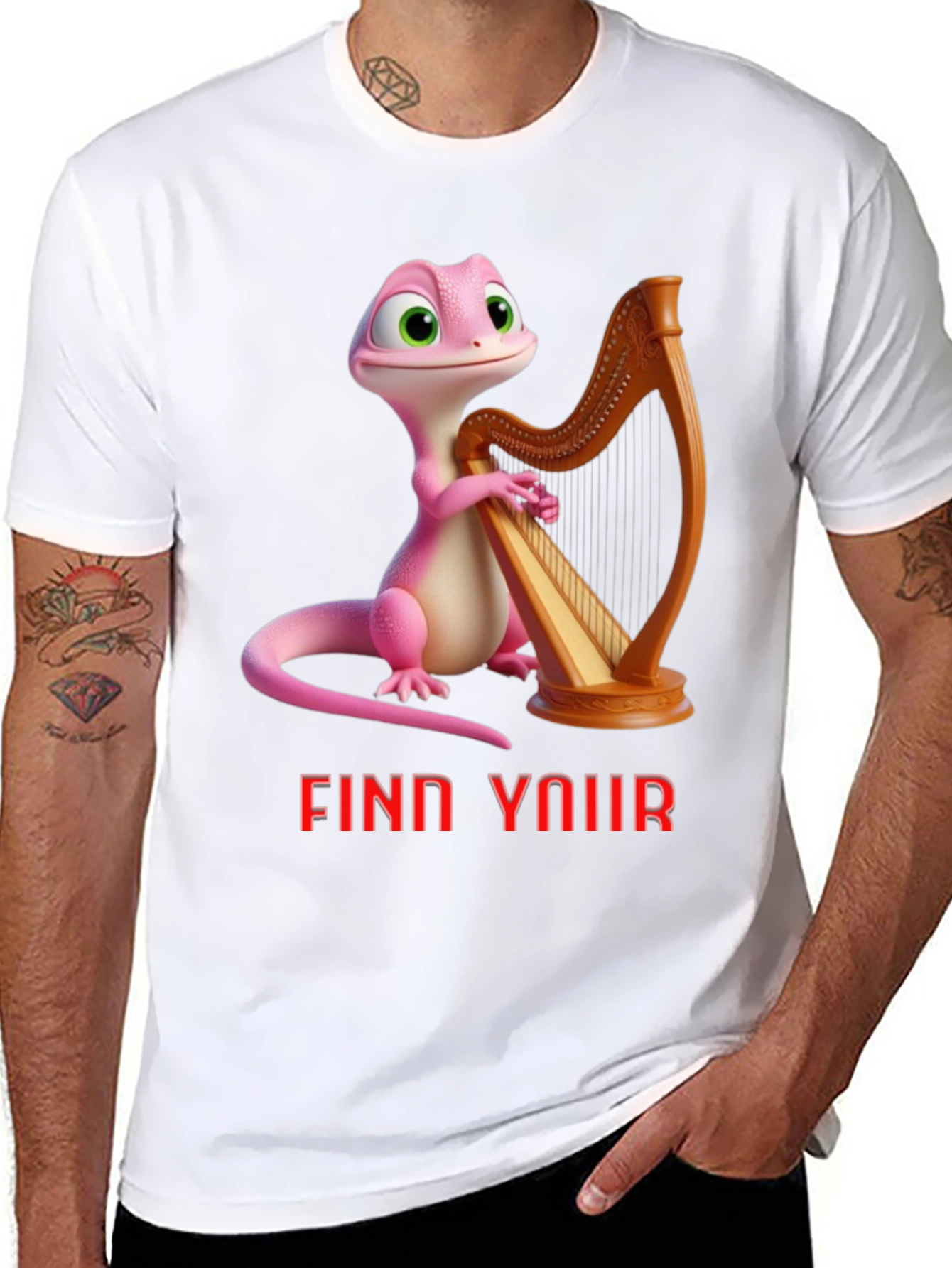 Black Whimsical Gecko Harpist Graphic Tee view 8