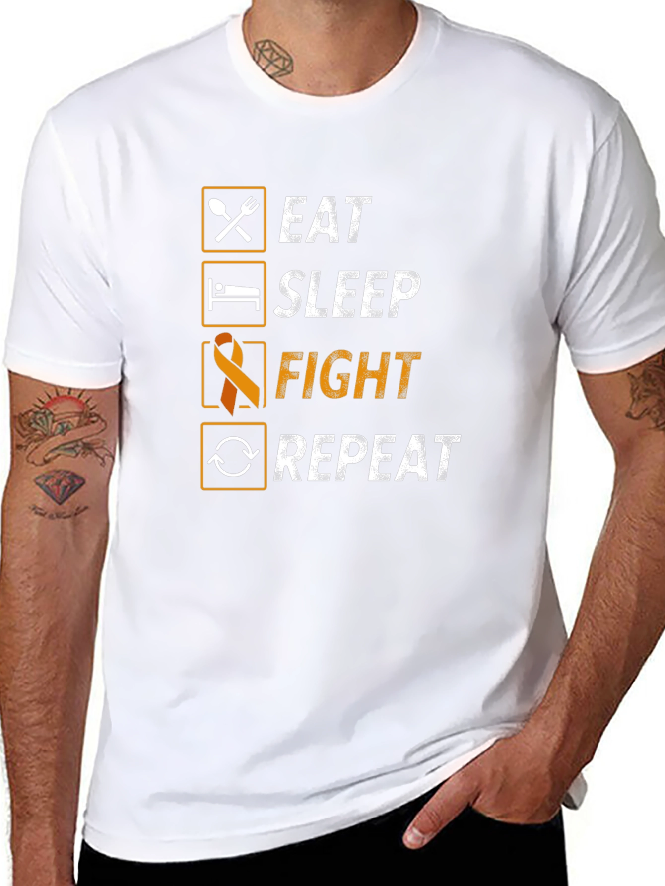 Black Eat Sleep Fight Repeat Awareness T-Shirt view 8