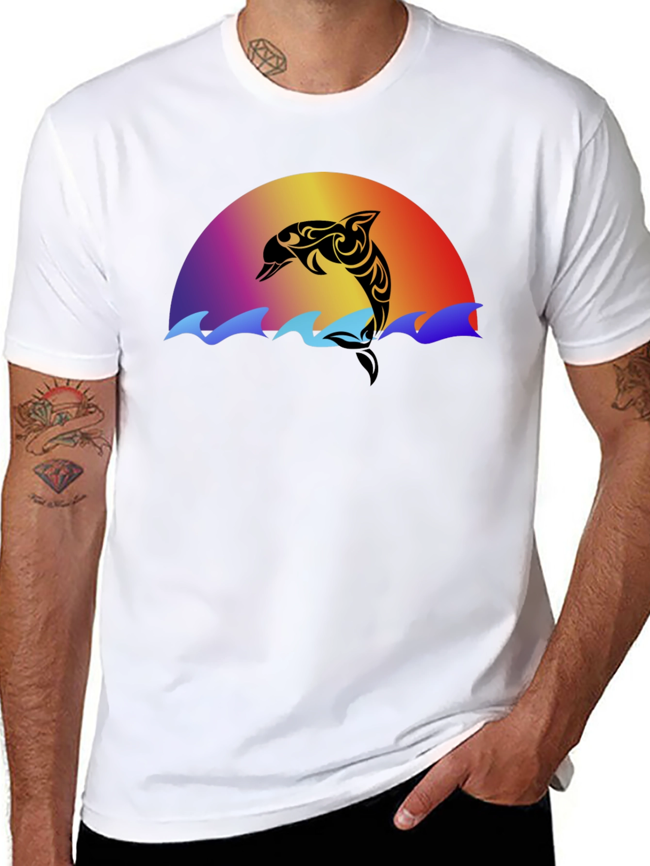 Black Tribal Dolphin Sunset Graphic T-Shirt view 8