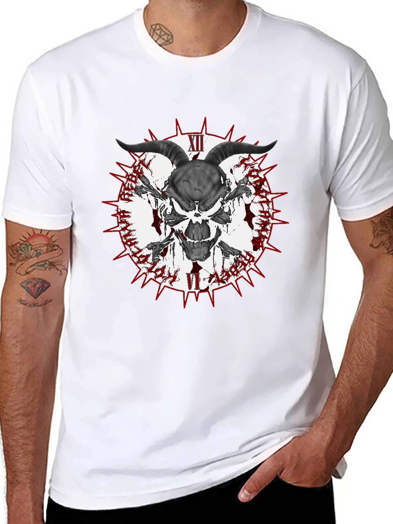 Black Skull Horns Crossbones Graphic T-Shirt - Men's Black Tee view 8