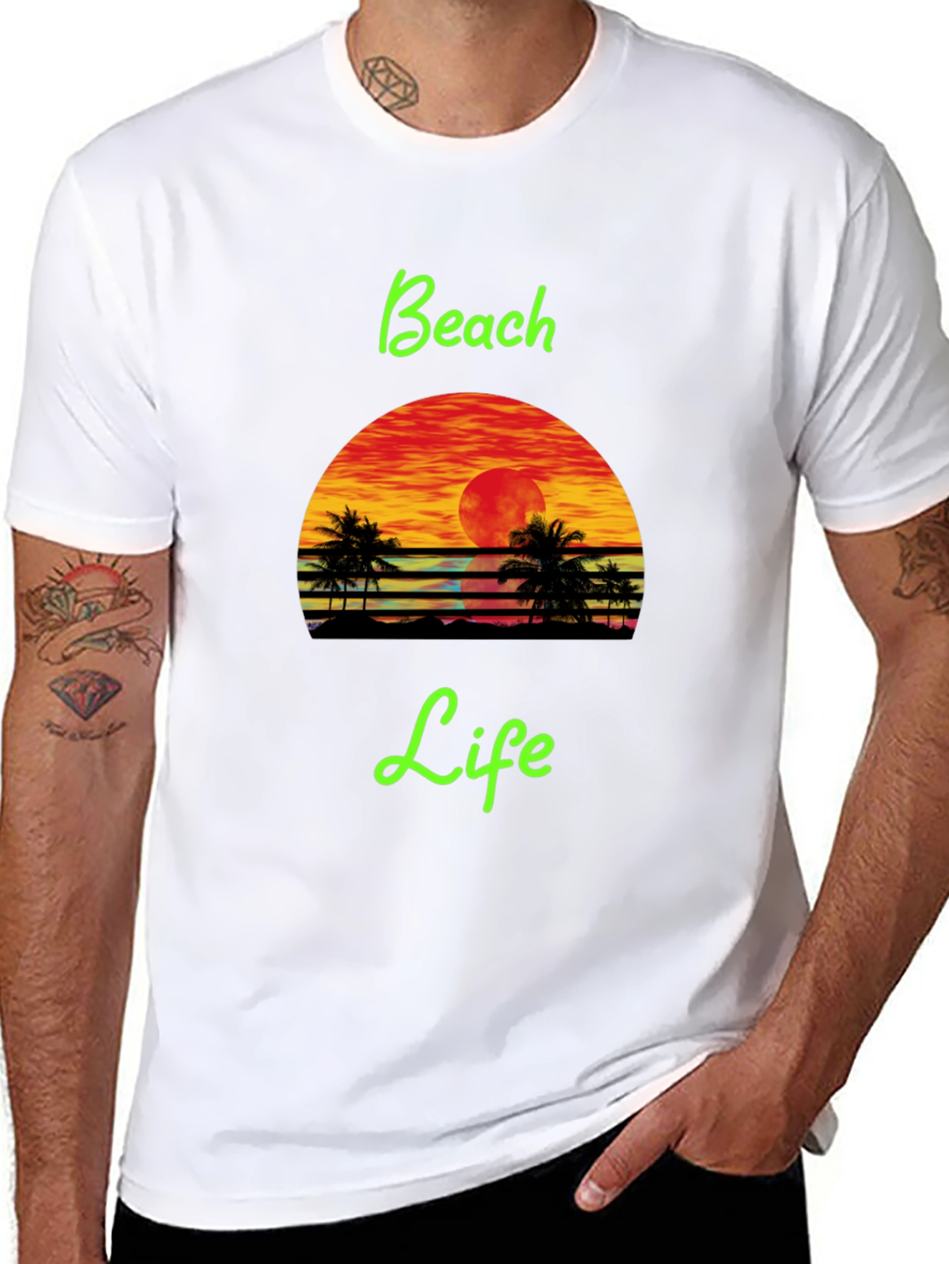 Black Beach Life Black T-Shirt Retro Sunset Palm Tree Design view 8