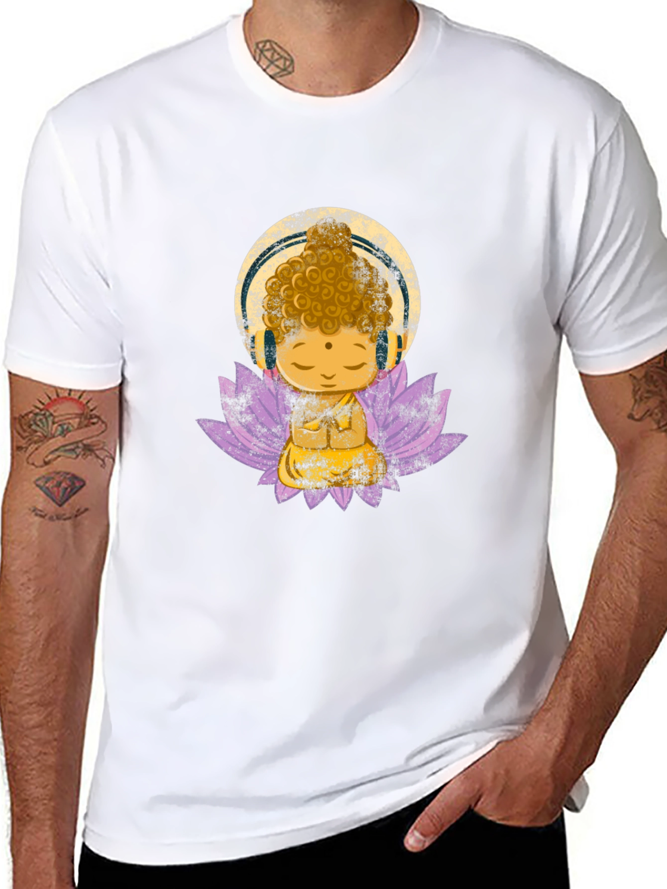Black Buddha with Headphones Graphic Tee view 8
