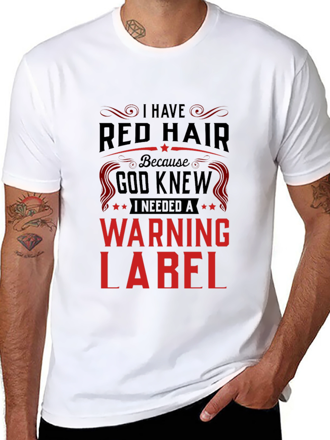 Black Red Hair Warning Label T-Shirt view 8