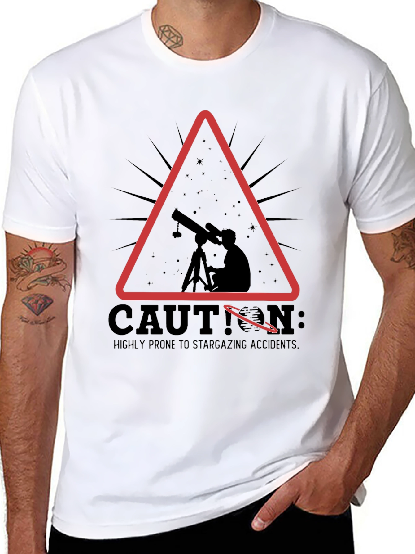 Black Caution Stargazing Accidents T-Shirt view 8