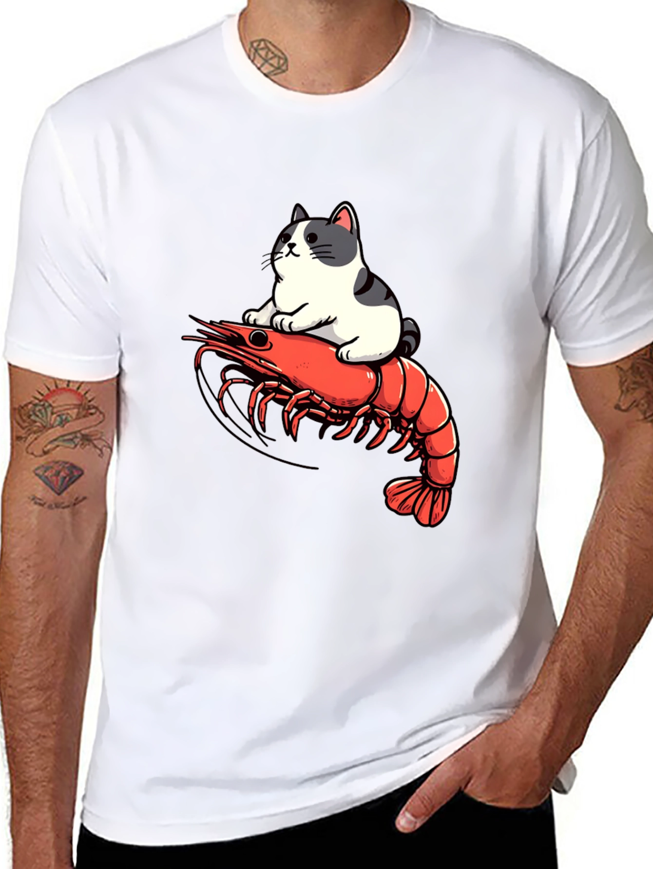 Black Cat Riding Shrimp T-Shirt - Funny Graphic Tee view 8