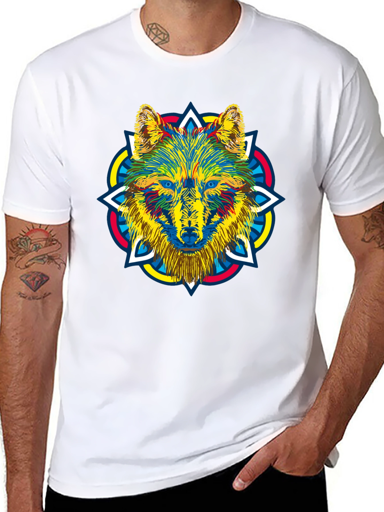 Black Wolf Mandala Graphic Print Men's Black T-Shirt view 8