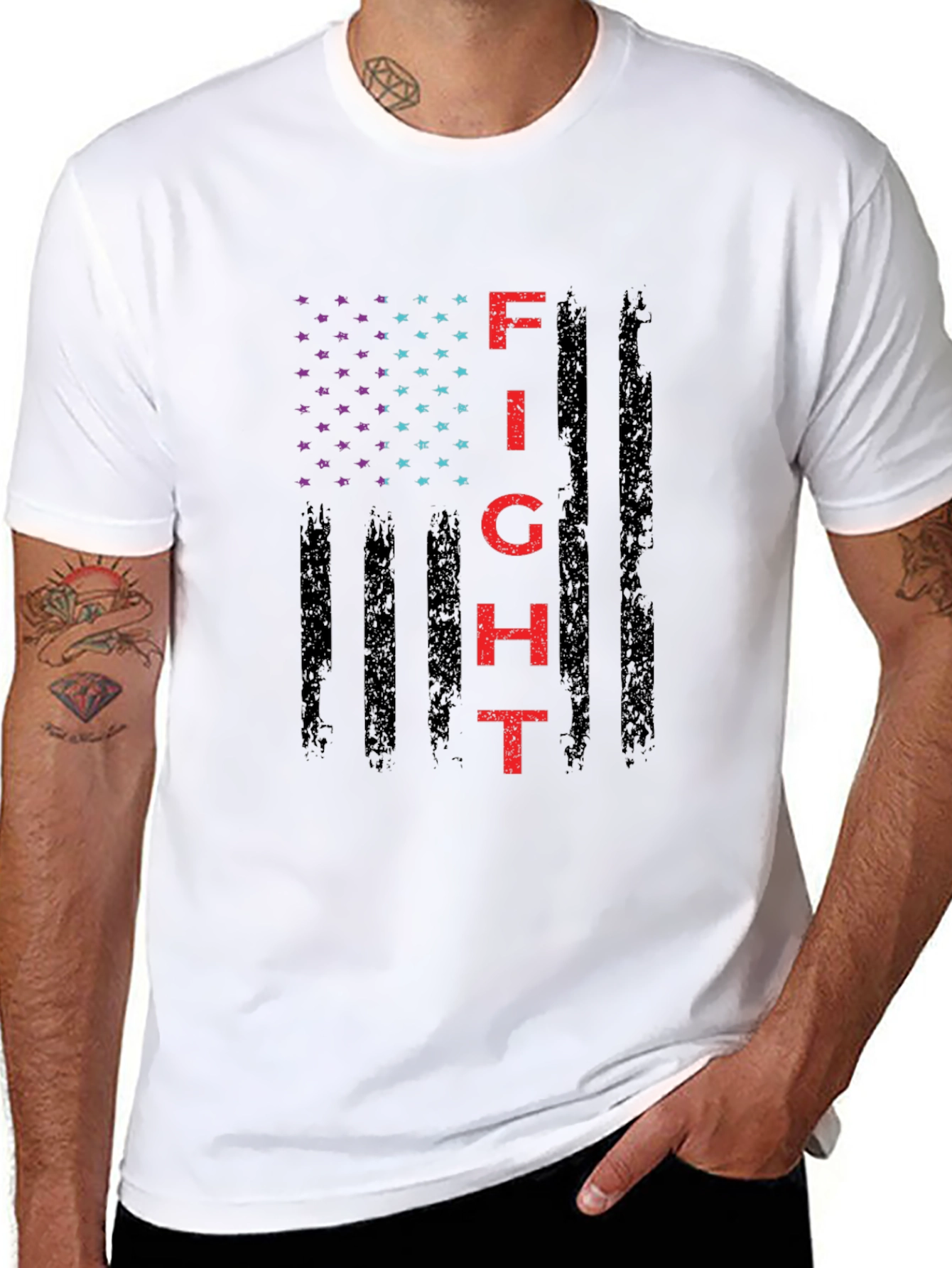 Black Fight Graphic T-Shirt - Patriotic American Flag Design view 8