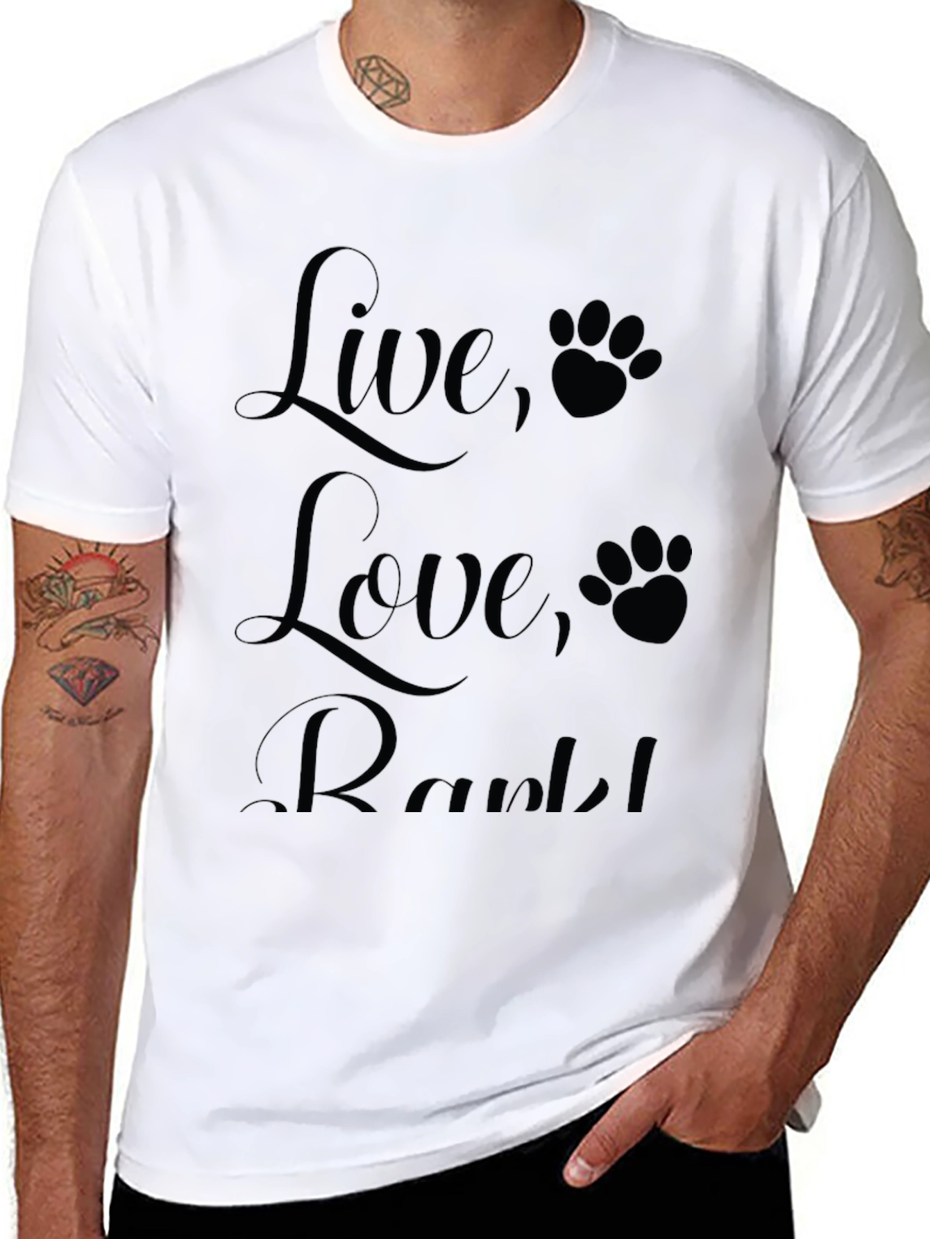 Black Live, Love, Rark! Black T-Shirt with Paw Prints view 8