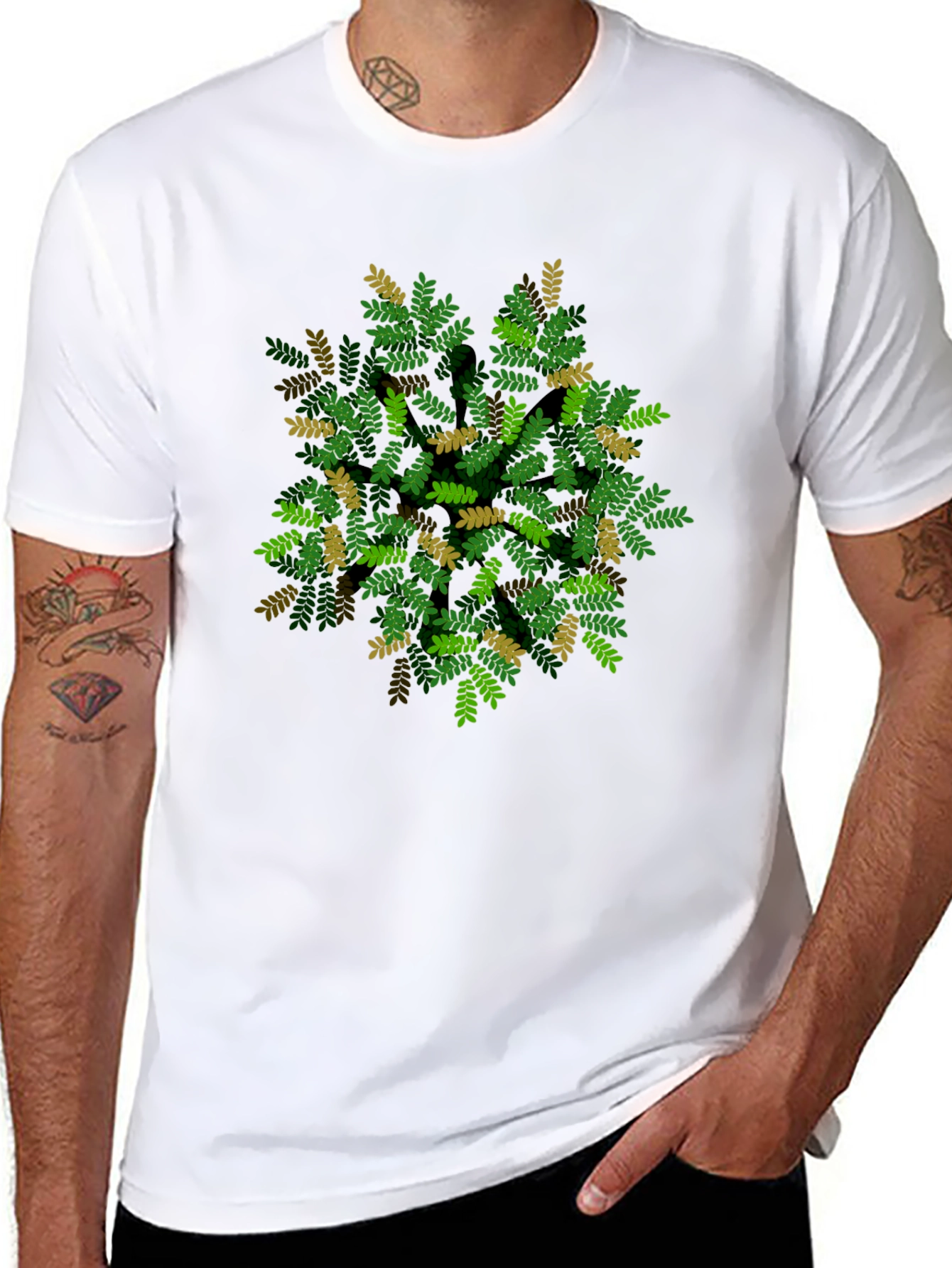 Black Leaf Pattern Black T-Shirt - Nature Inspired Design view 8