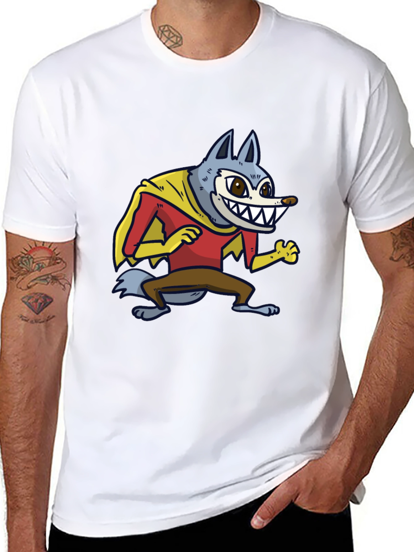 Black Cartoon Wolf Superhero Graphic Tee - Black view 8