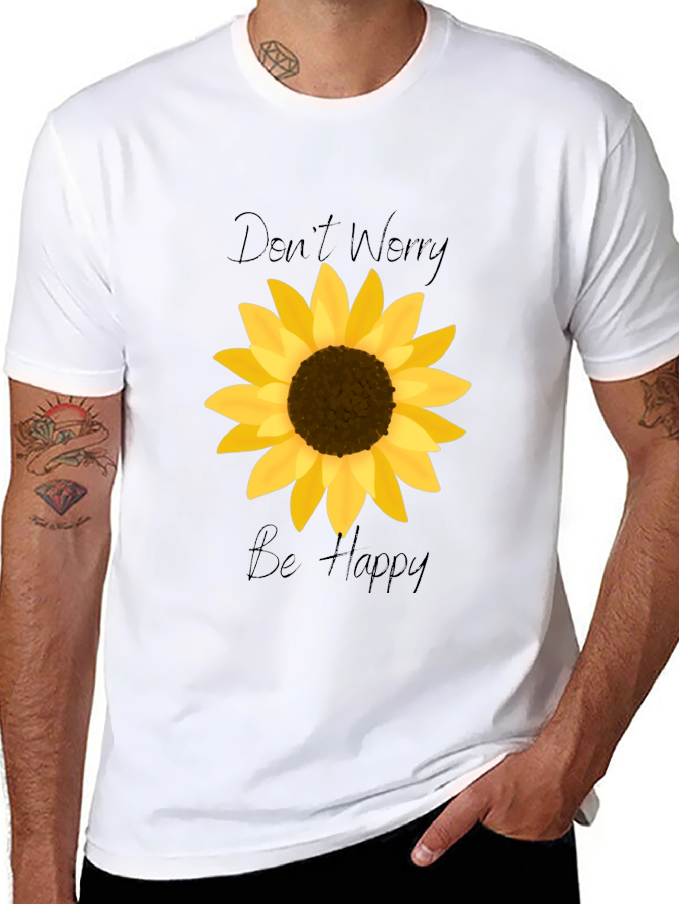 Black Don't Worry Be Happy Sunflower Graphic Tee view 8