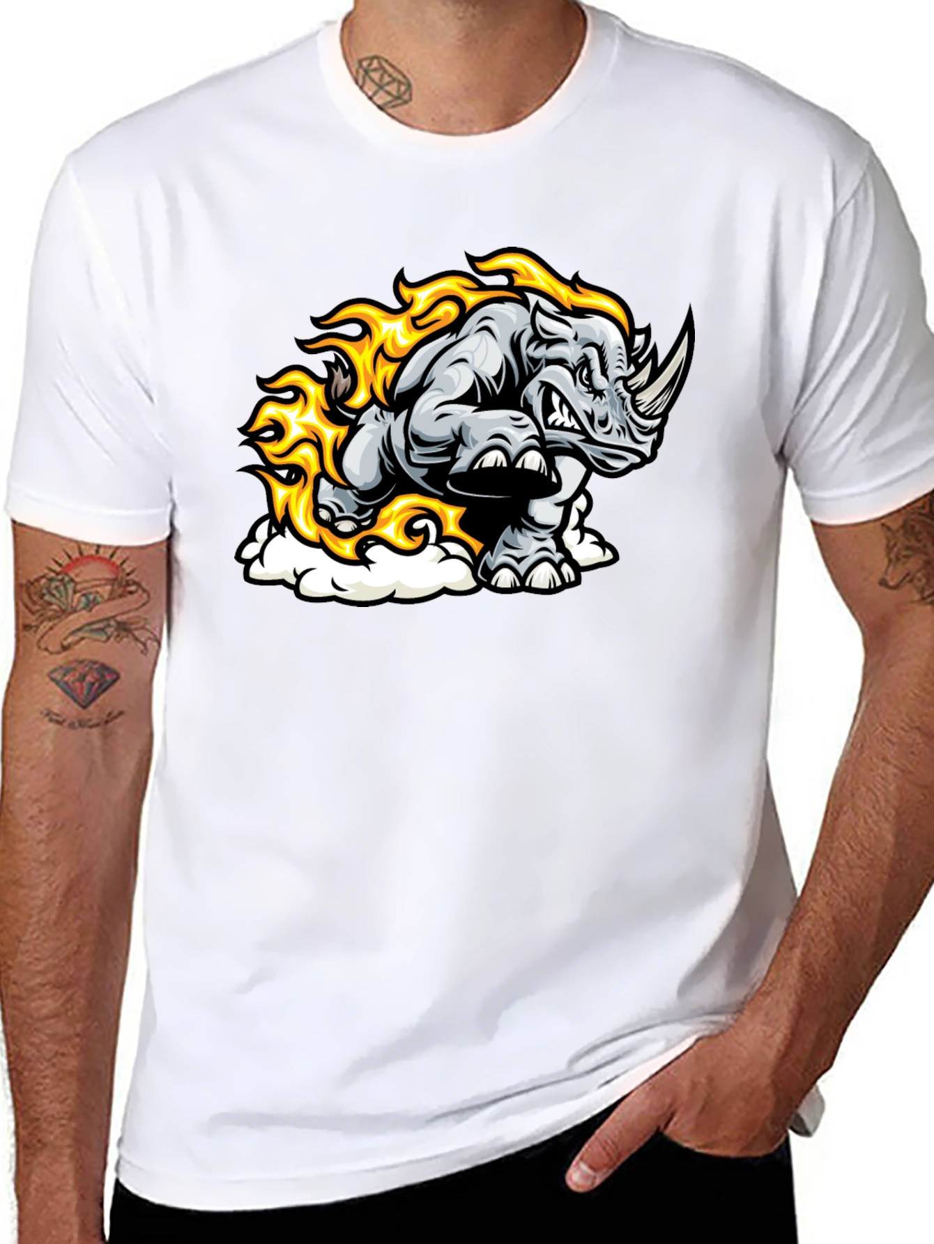Black Fiery Rhino Graphic T-Shirt - Black Cotton Tee view 8