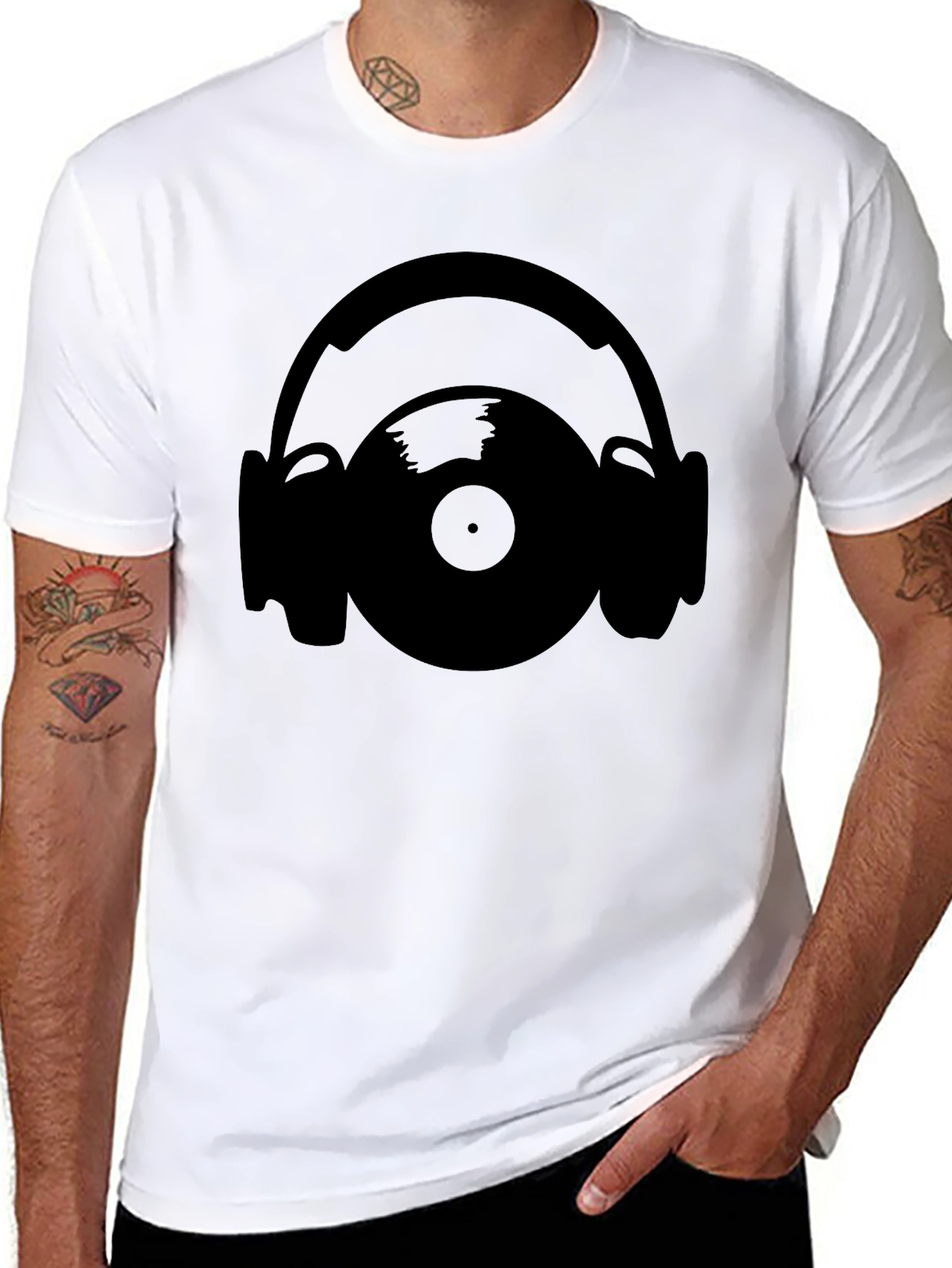 Black Vinyl Record & Headphones Graphic T-Shirt view 8