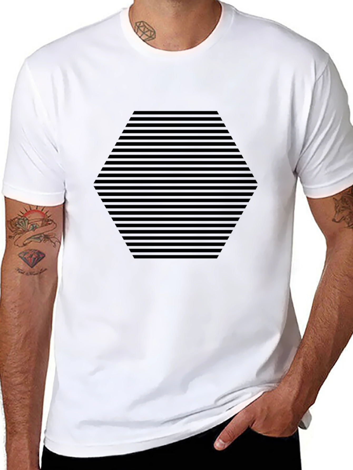 Black Men's Black Geometric Hexagon Striped T-Shirt view 8