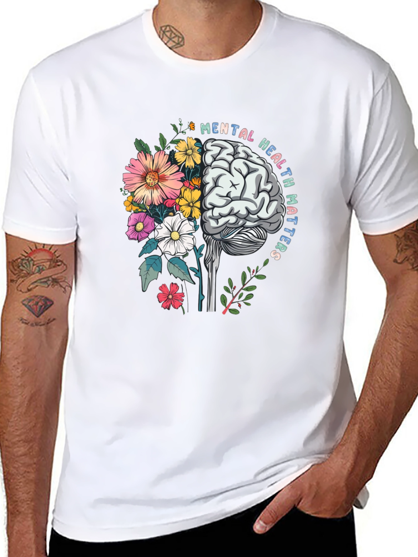 Black Mental Health Matters T-Shirt Brain Flowers Graphic view 8