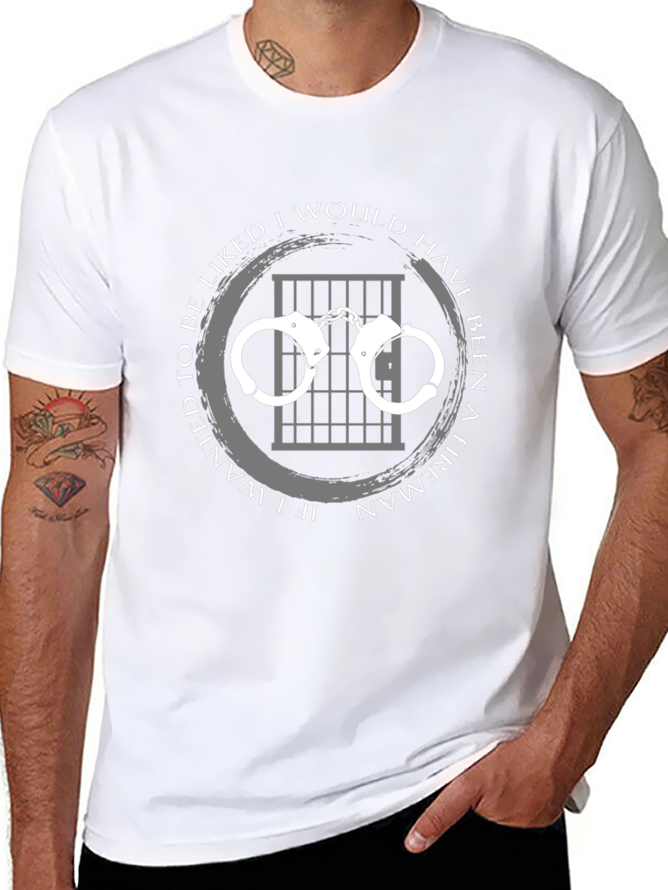 Black Funny Fireman T-Shirt - Handcuffs & Jail Cell view 8