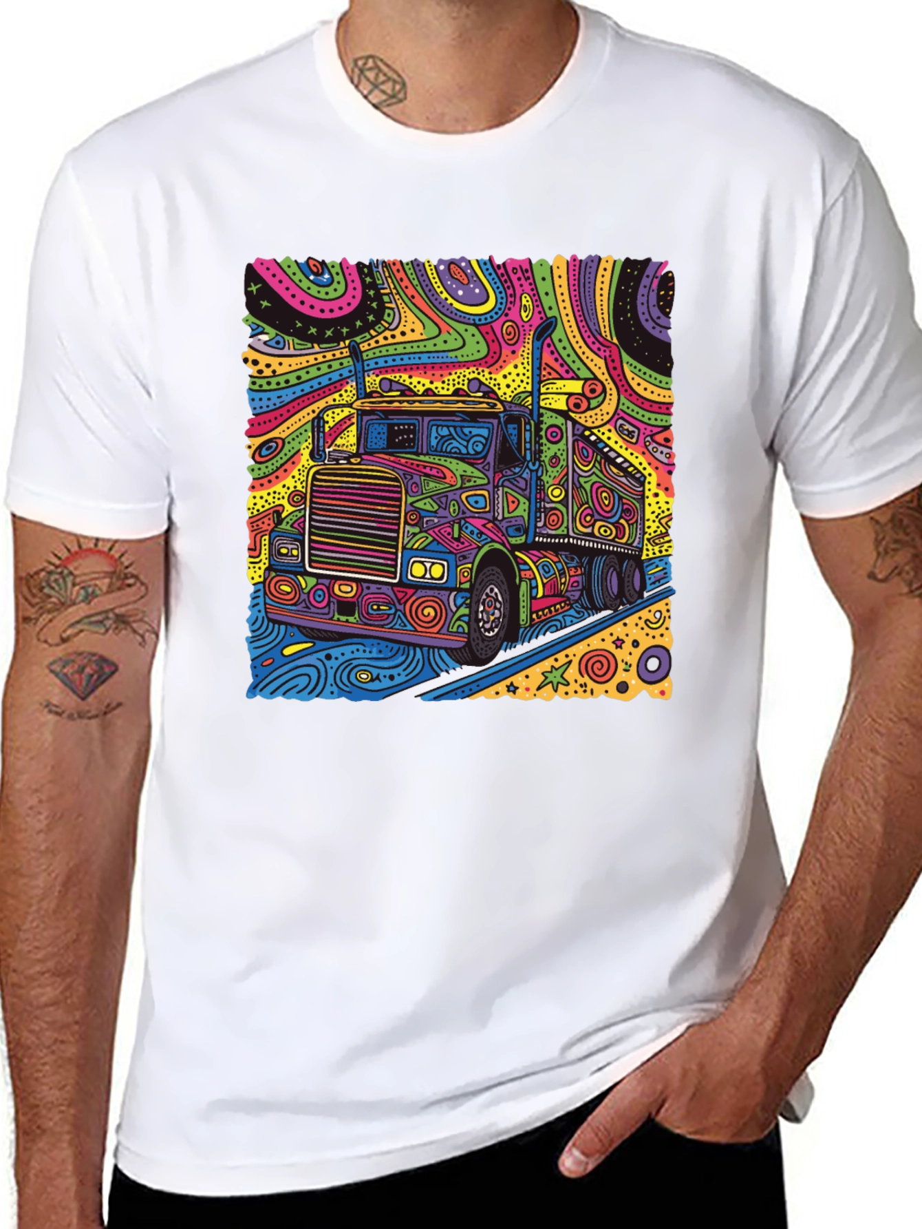Black Psychedelic Truck T-Shirt - Colorful Semi Truck Design view 8