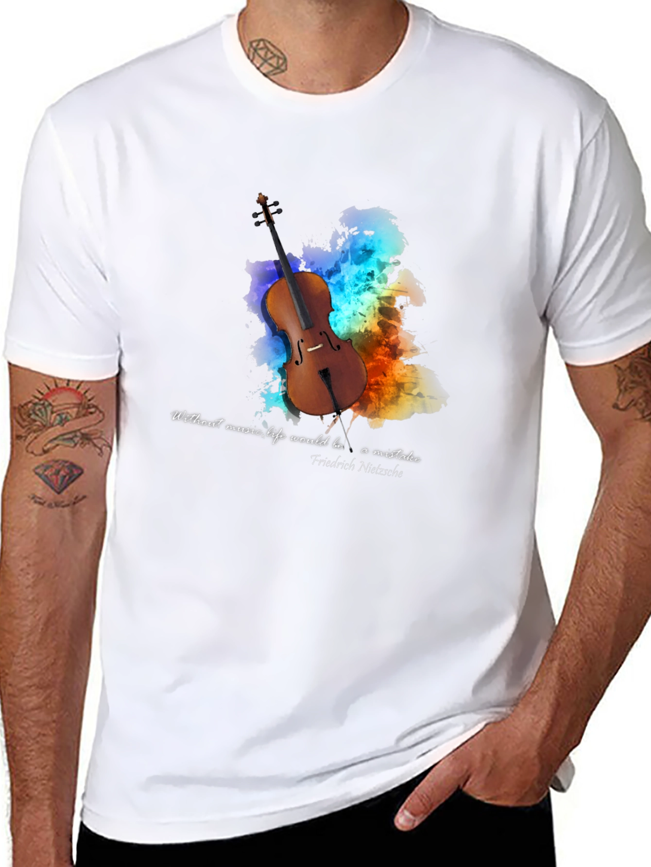 Black Music Lover's T-Shirt: Nietzsche Quote with Cello Design view 8