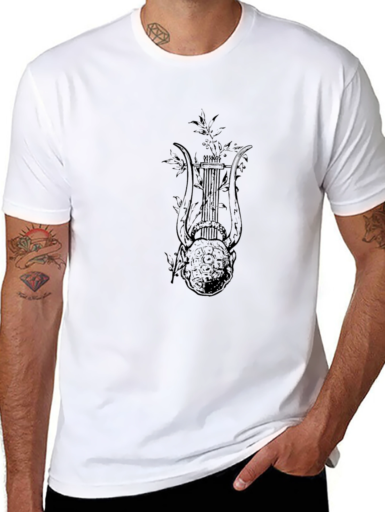 Black Men's Black T-Shirt with Lyre Graphic Print view 8