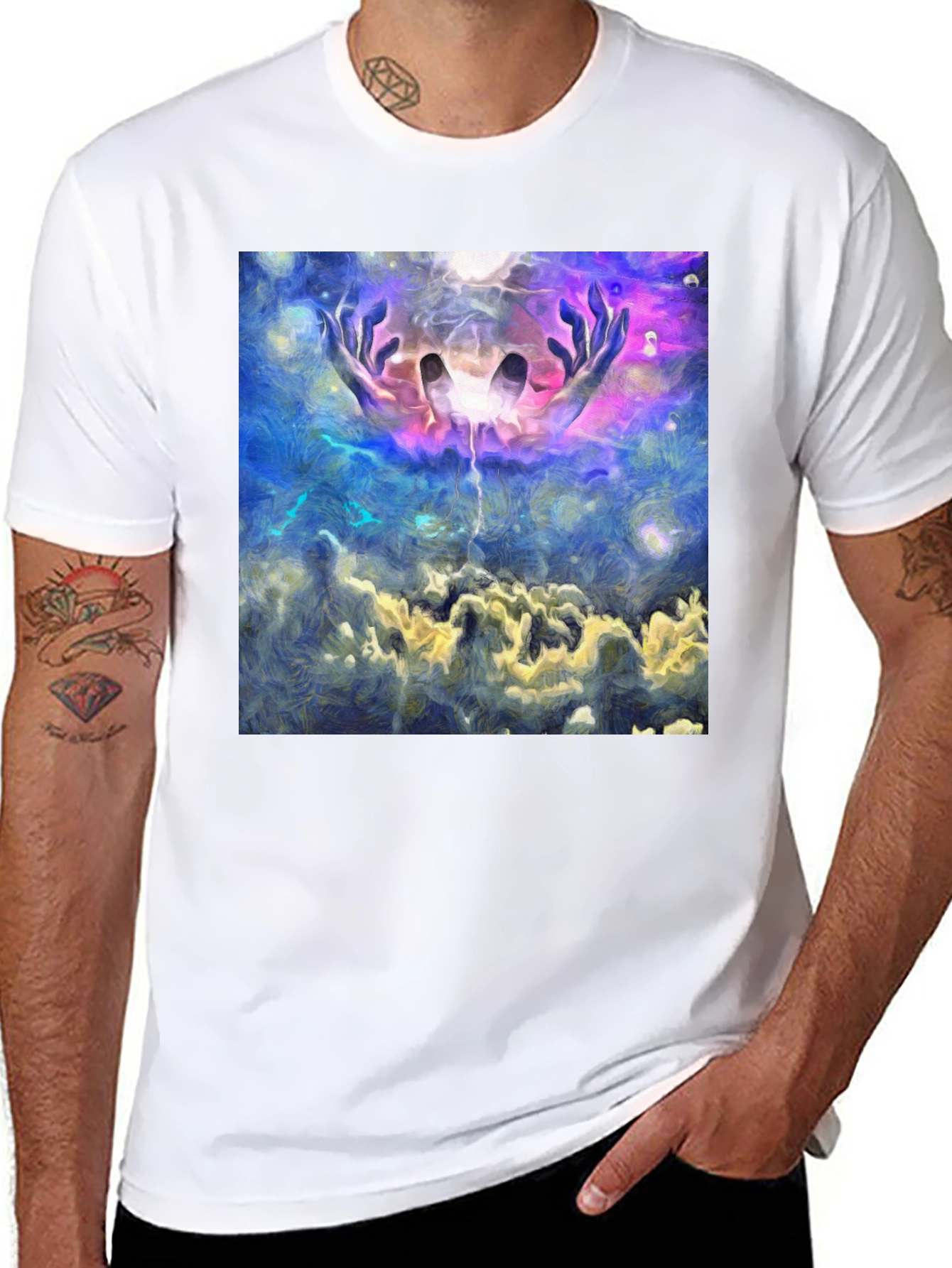 Abstract Hands in Sky Graphic Black T-Shirt - 8