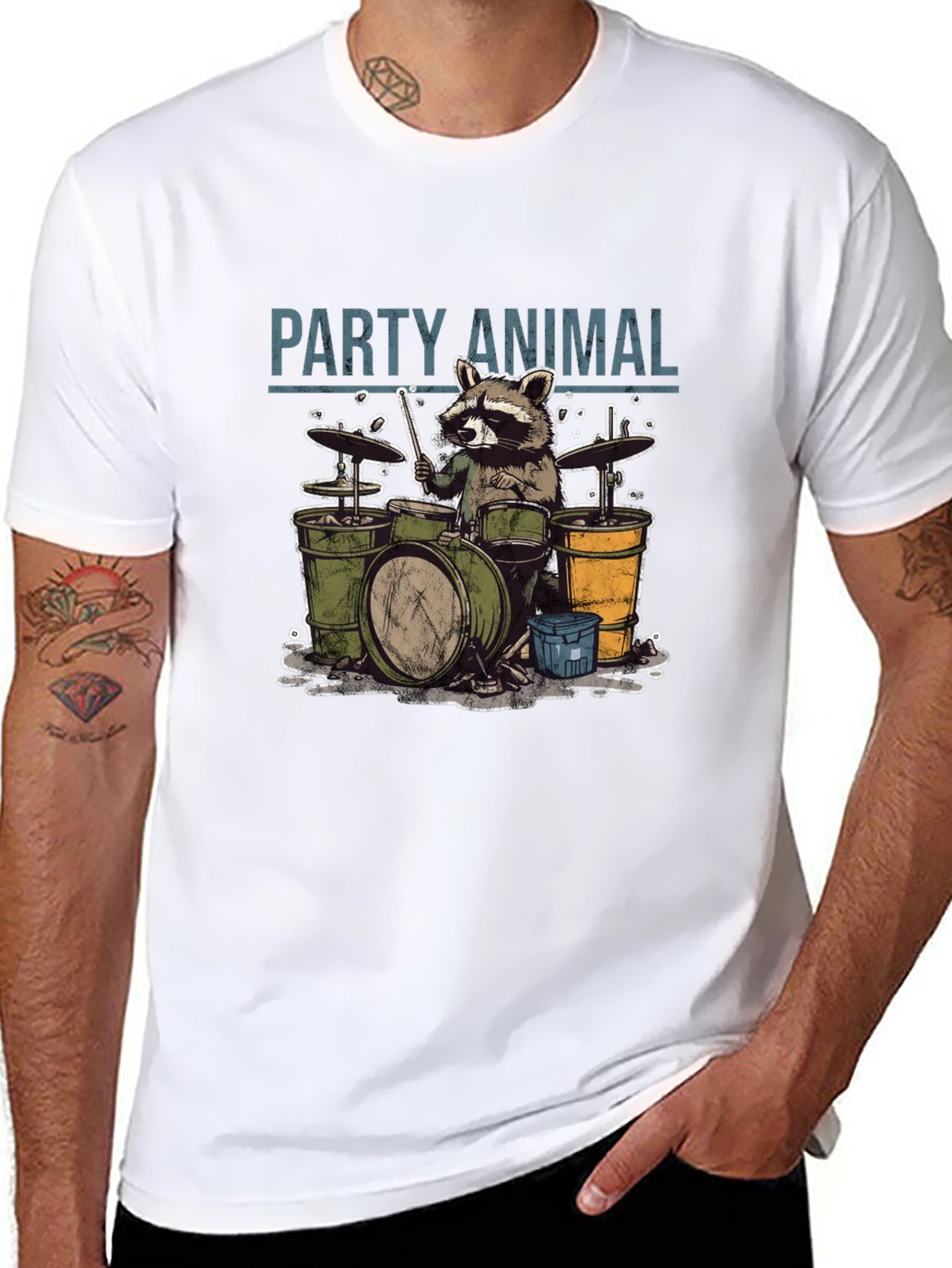Black Party Animal Raccoon Drummer Graphic T-Shirt view 8