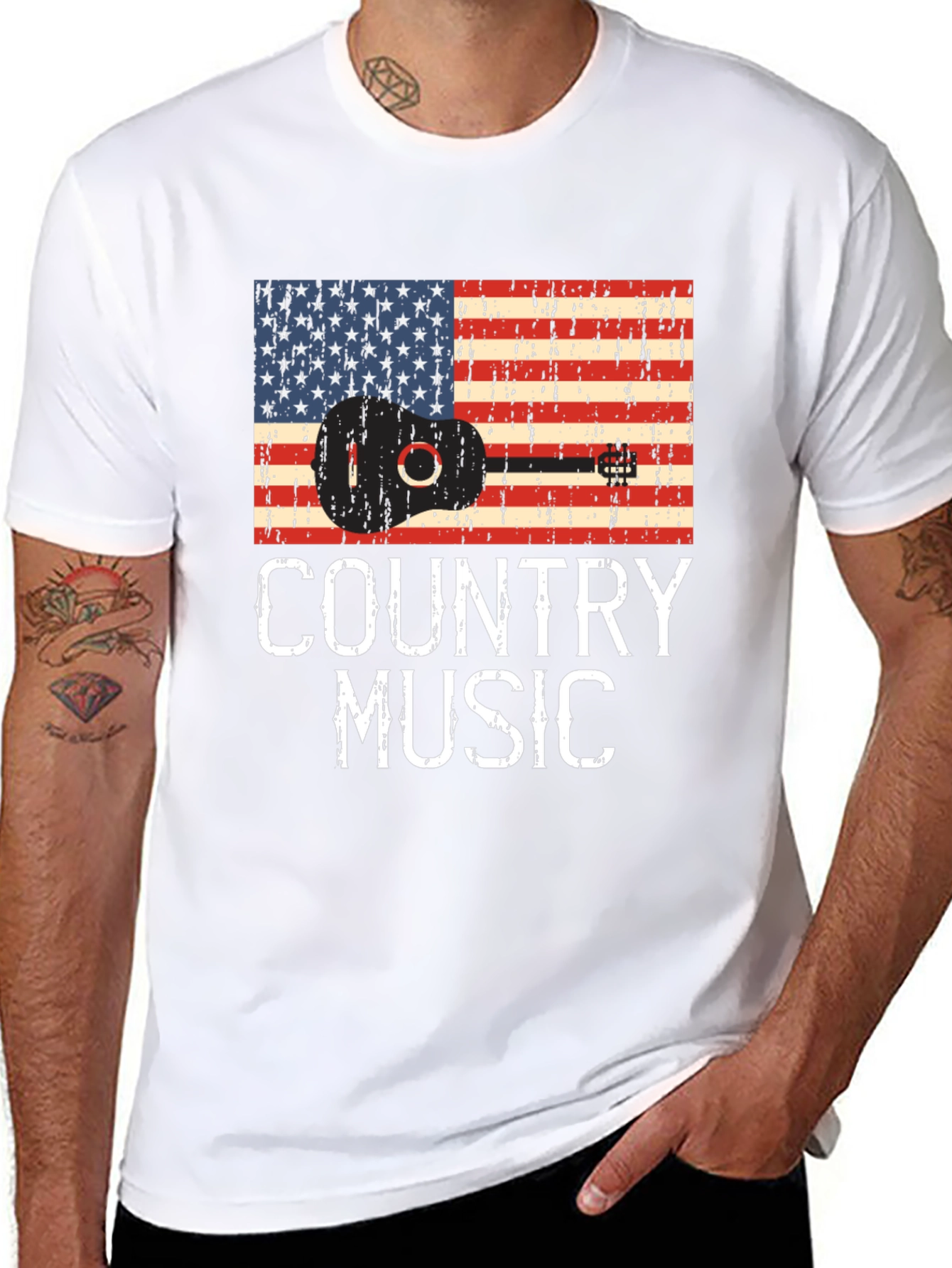 Black Country Music Guitar American Flag T-Shirt view 8