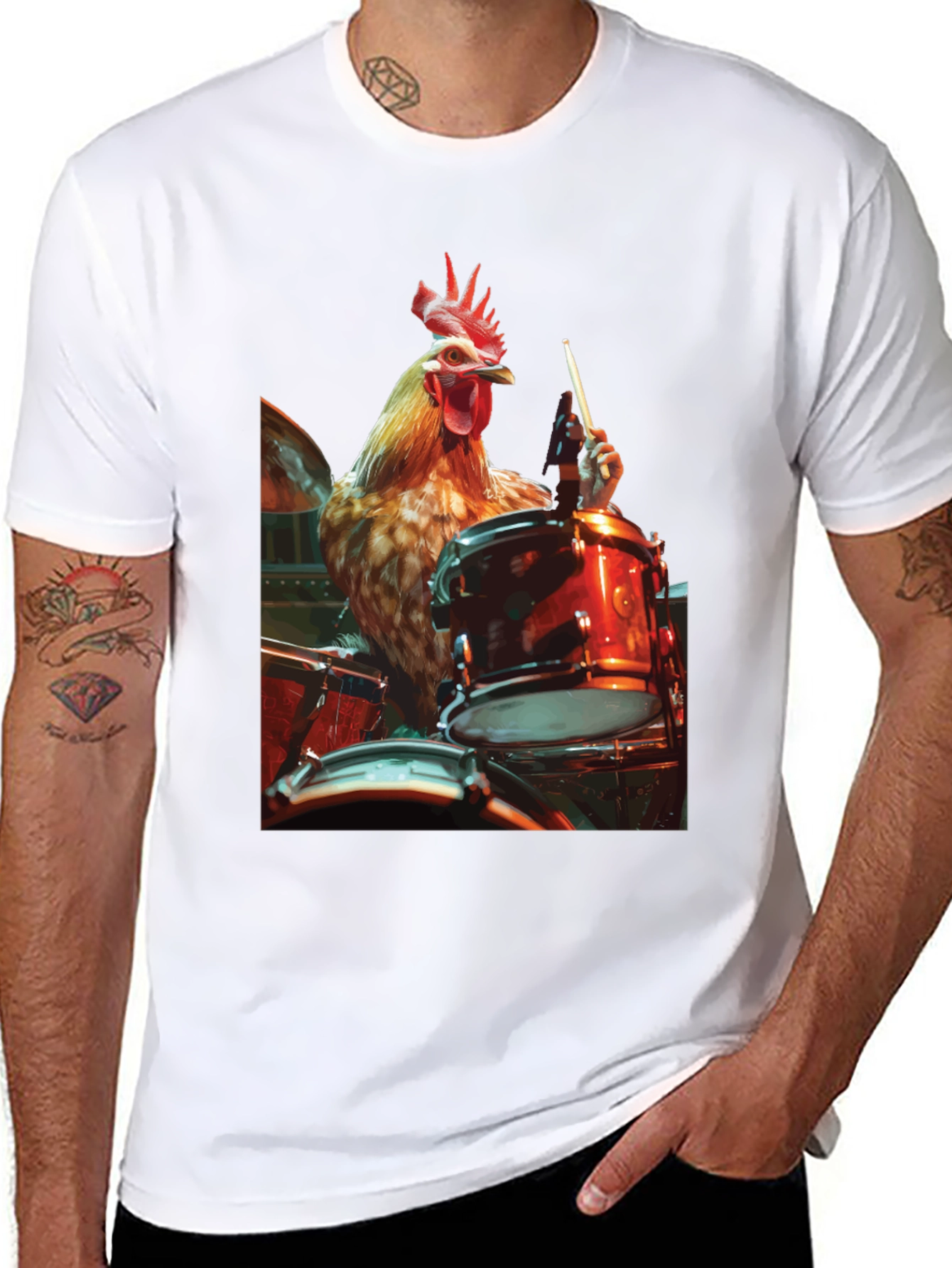 Black Chicken Drummer T-Shirt - Black Graphic Tee view 8