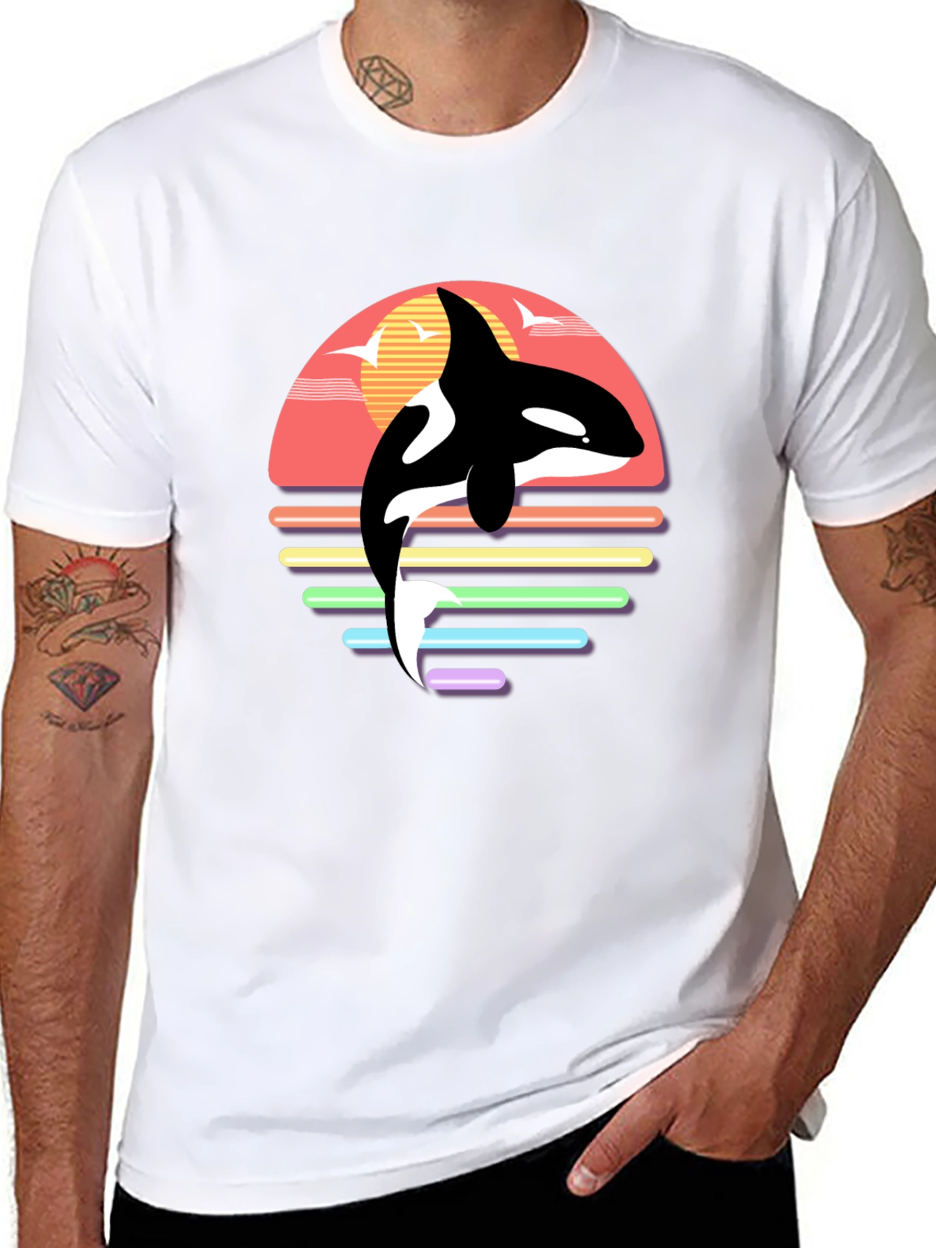 Black Retro Orca Whale Sunset Graphic T-Shirt view 8