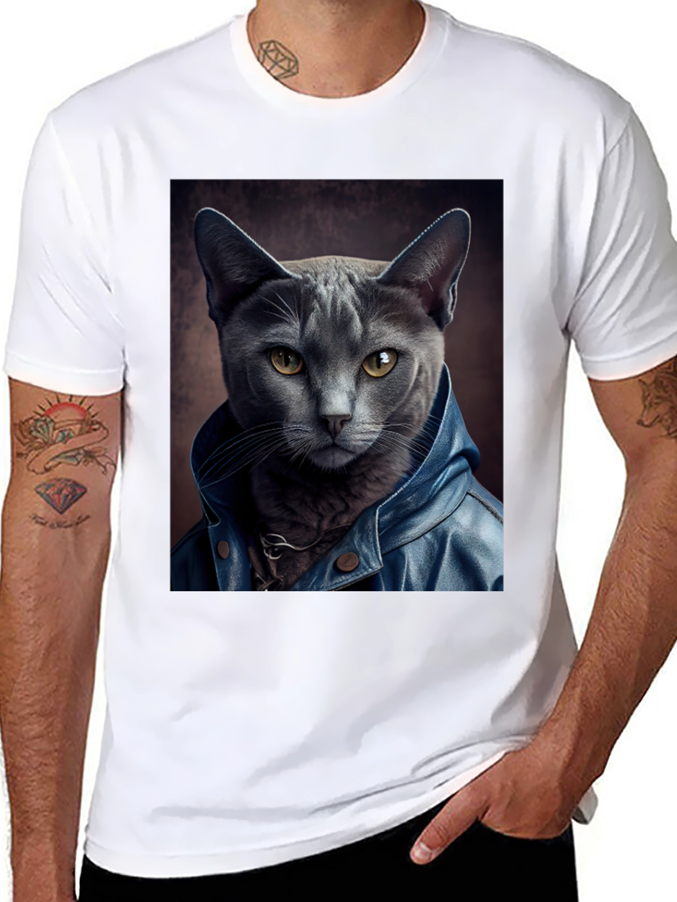 Black Cat in Leather Jacket Graphic Tee view 8