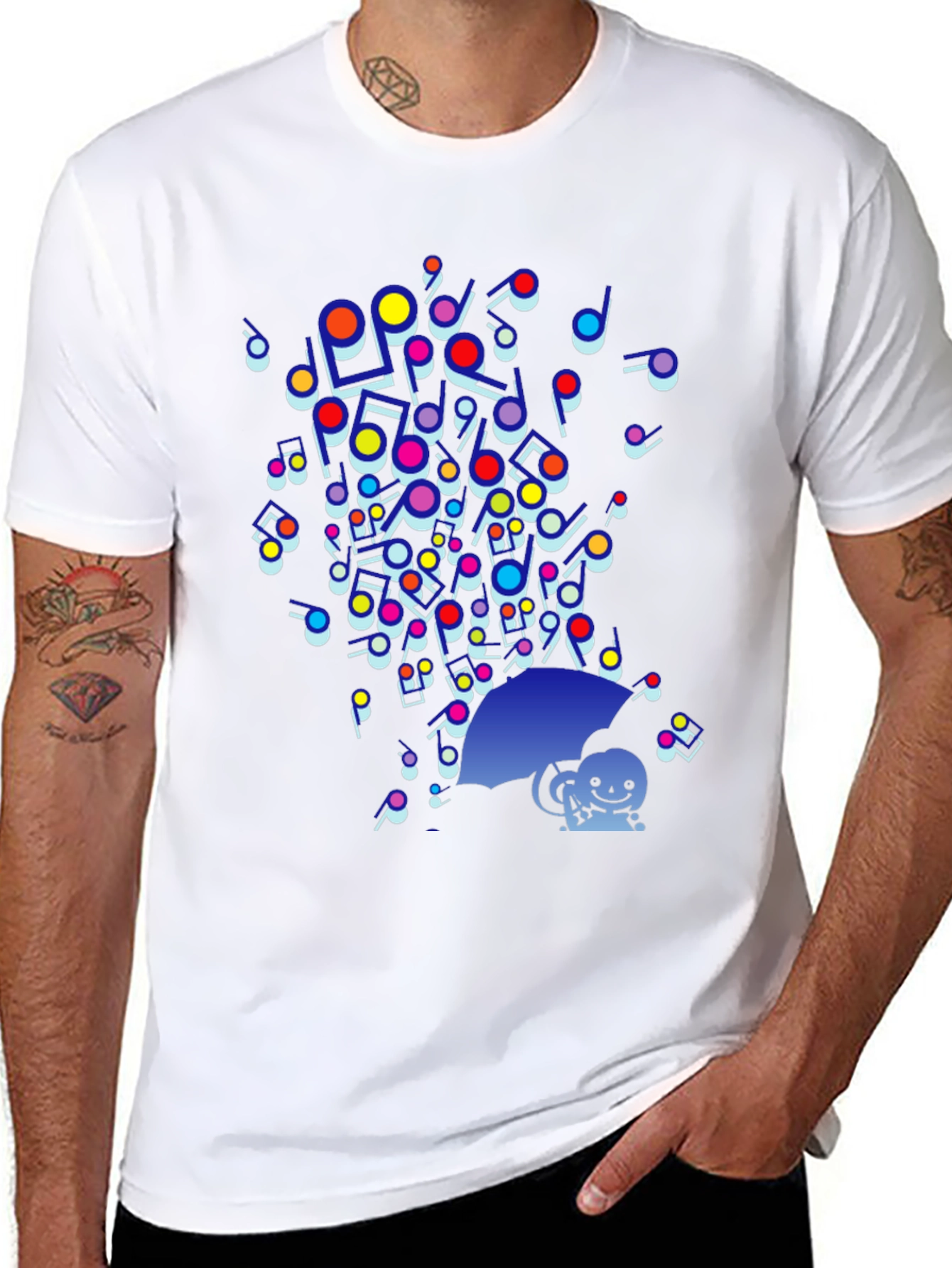 Black Colorful Music Notes Umbrella Graphic Tee - Funky Casual Style view 8