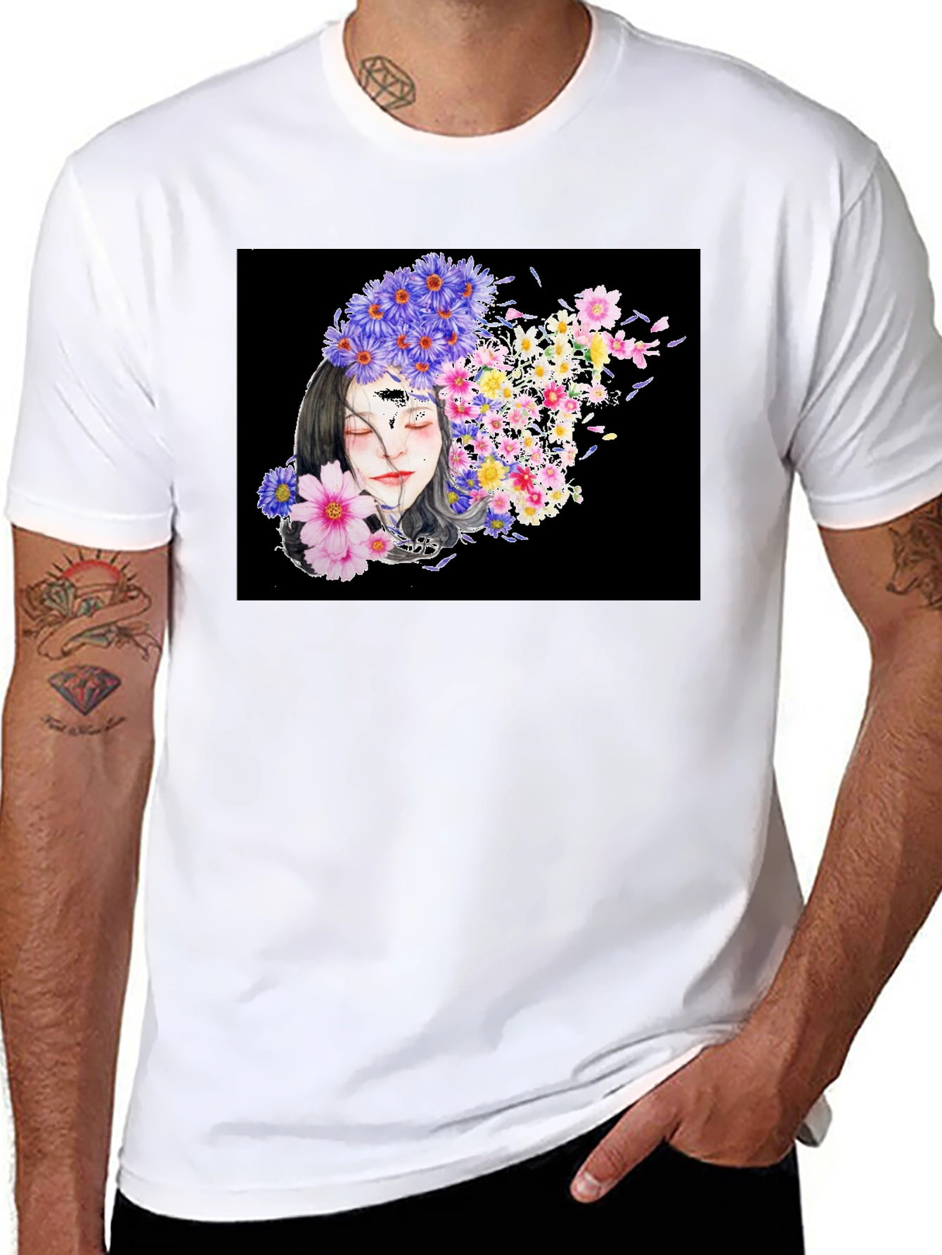 Black Floral Woman Black T-Shirt view 8