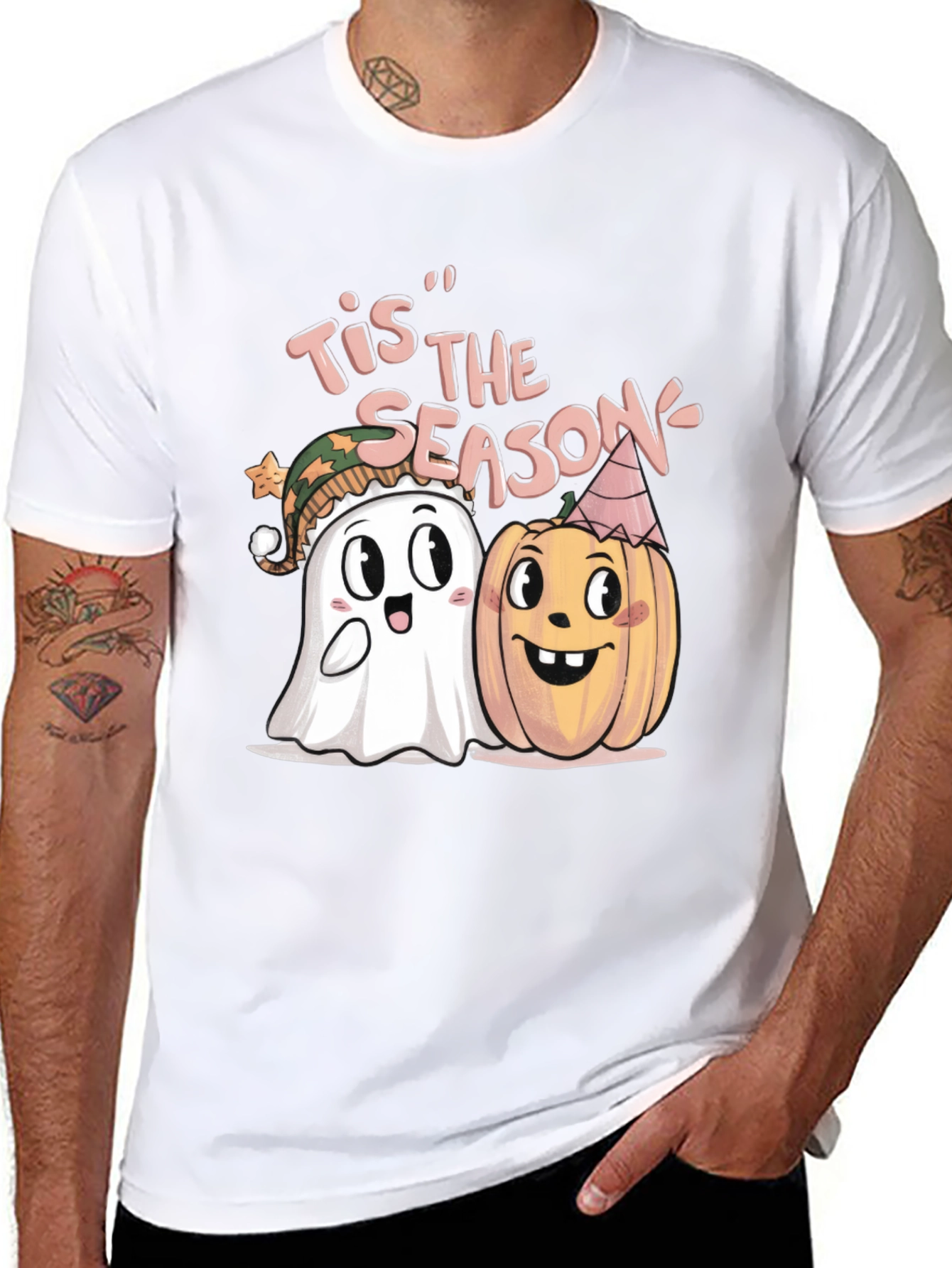 Black Tis' the Season Halloween Ghost & Pumpkin T-Shirt view 8