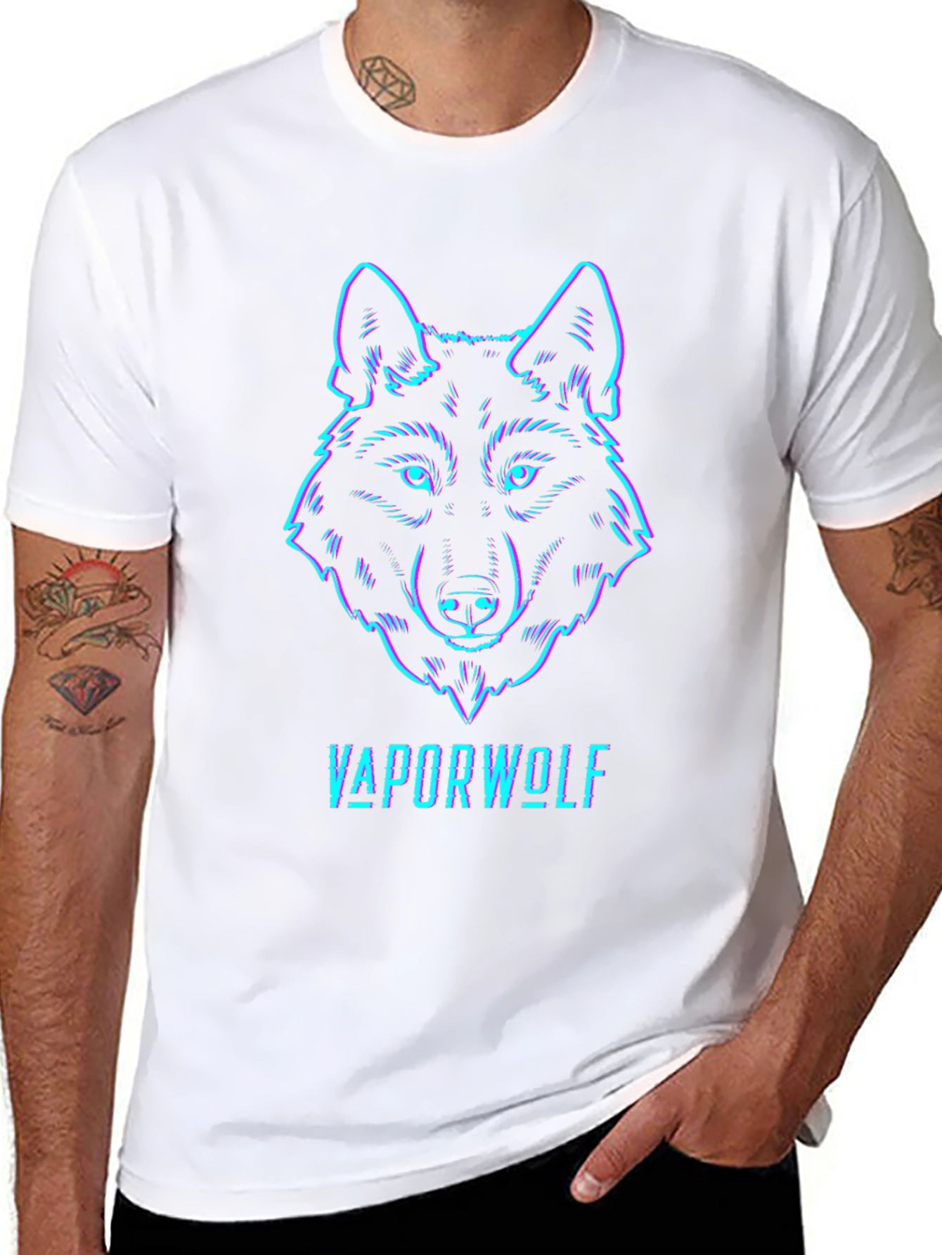 Black Vaporwave Wolf Graphic Tee - Black Cotton T-Shirt view 8
