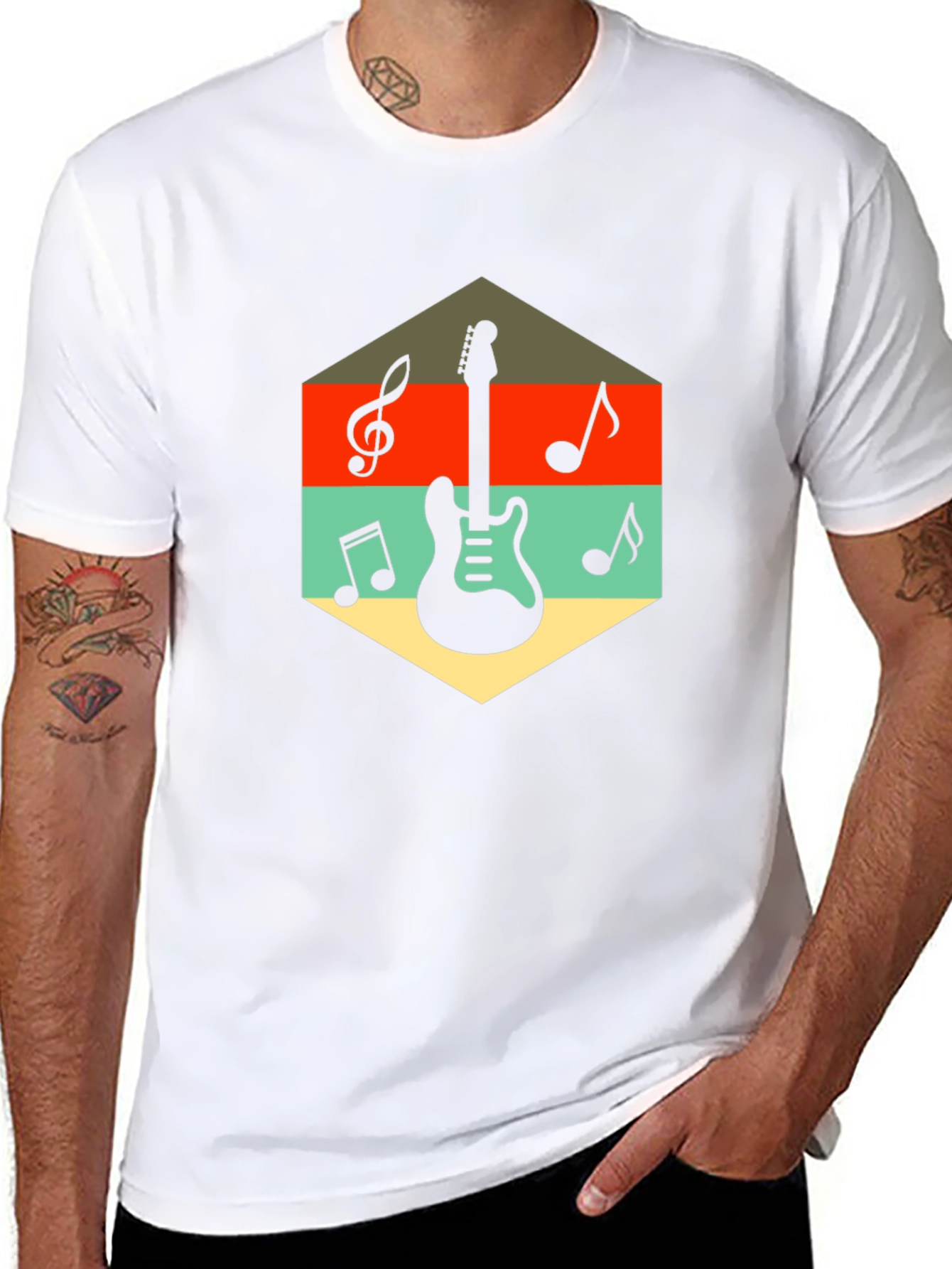 Black Retro Guitar & Music Note Graphic T-Shirt view 8