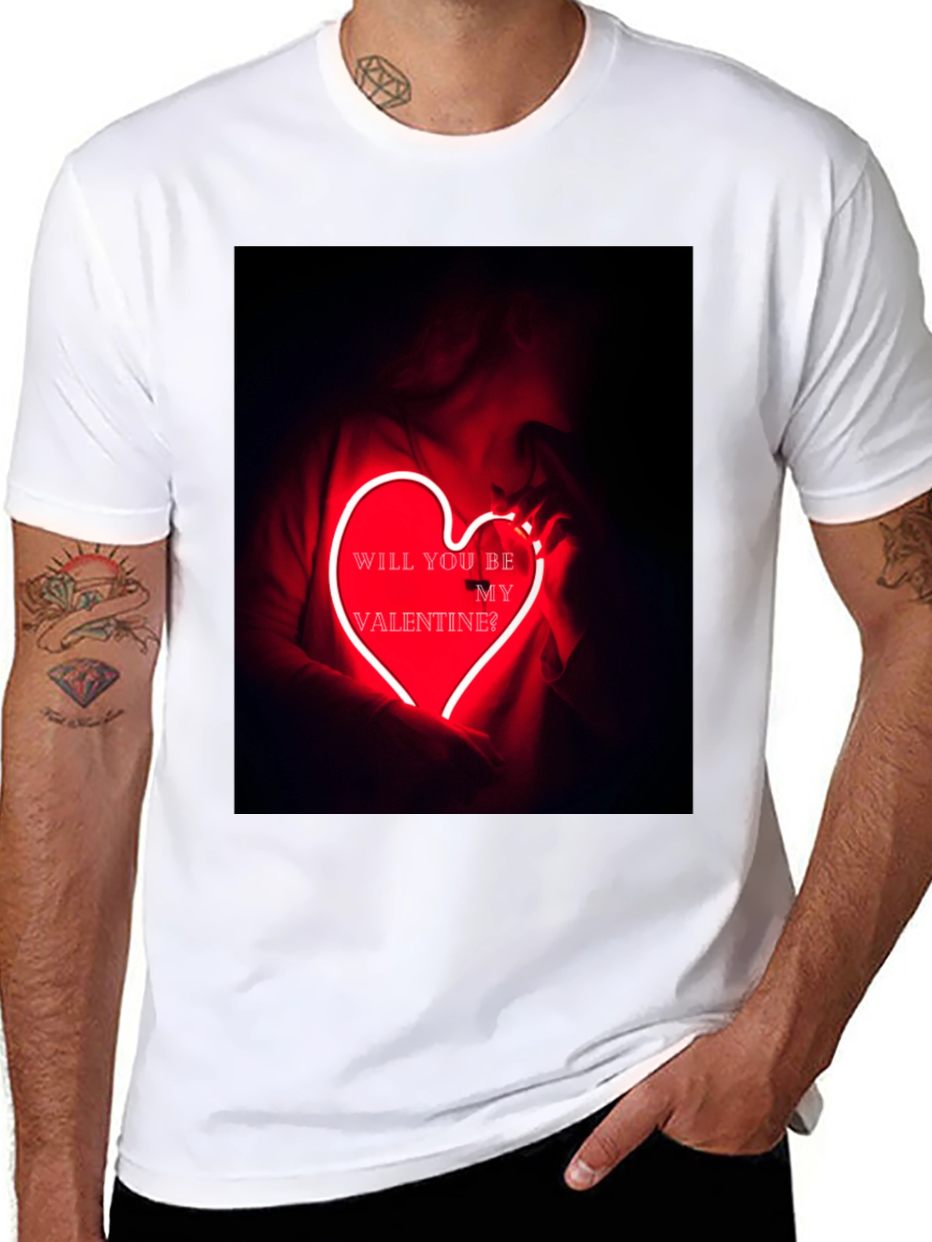 Black Valentine's Day Graphic Tee - Neon Heart T-Shirt view 8