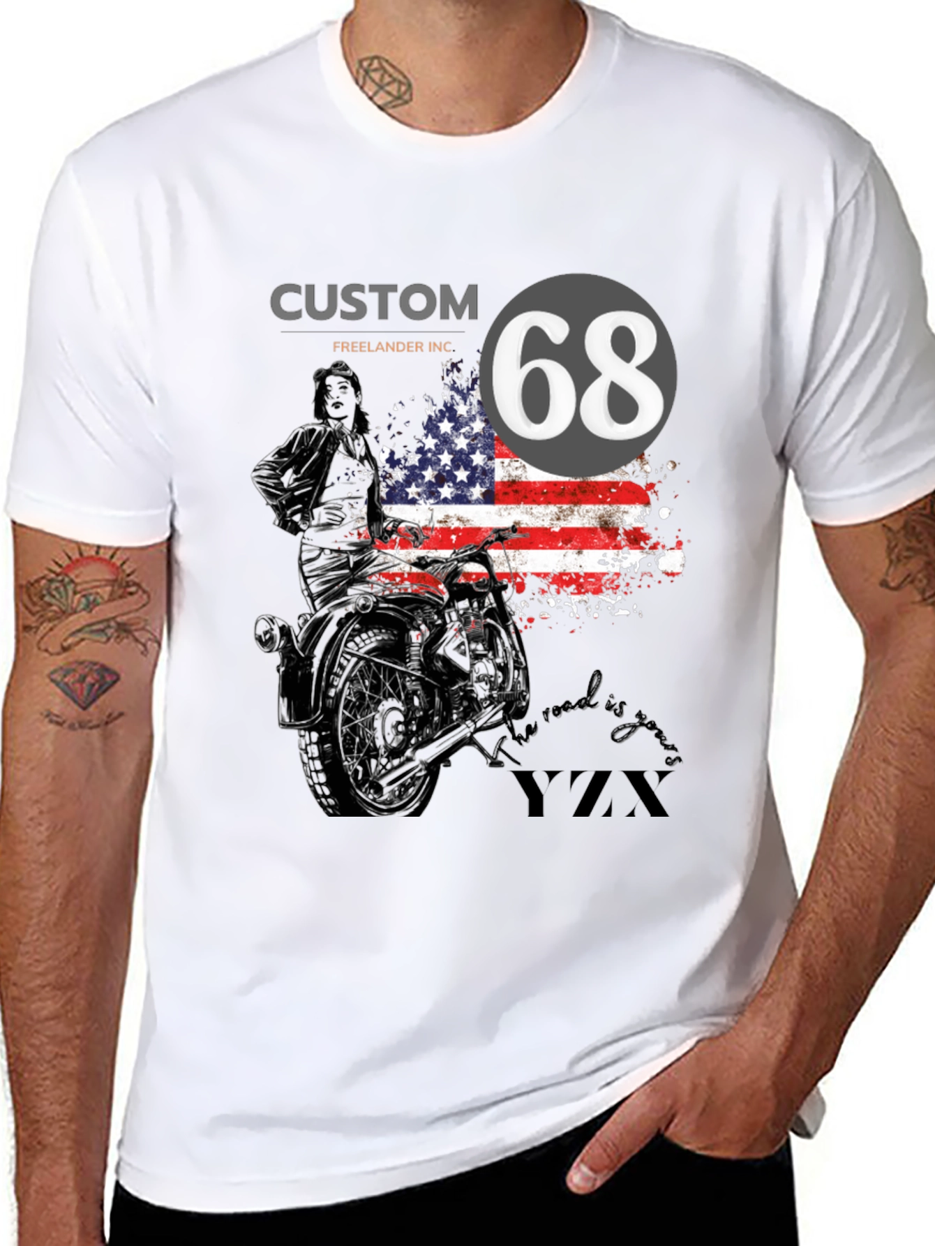 Black Custom 68 American Flag Motorcycle T-Shirt view 8
