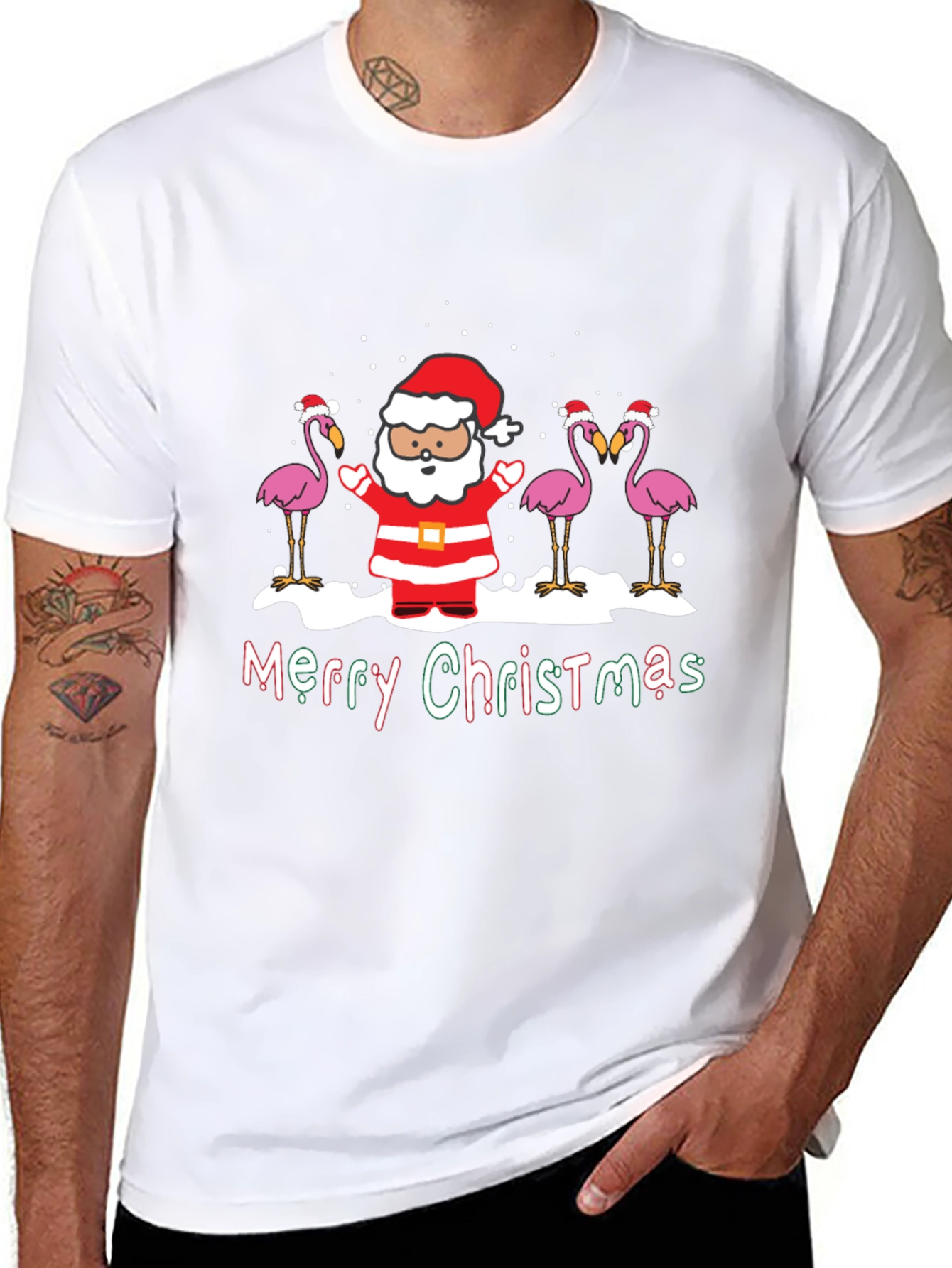 Black Merry Christmas Flamingo Santa Graphic Tee view 8