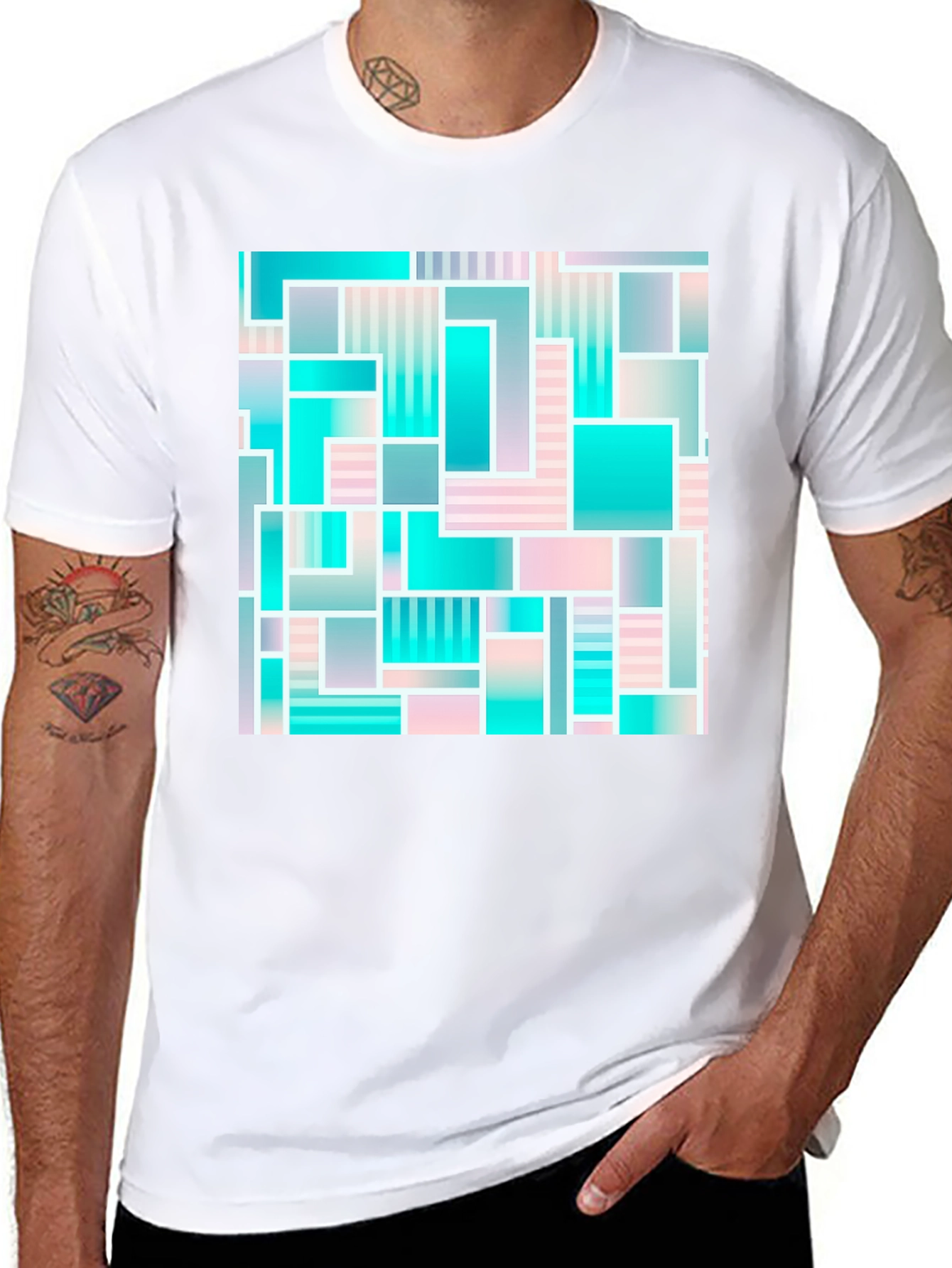 Black Geometric Abstract Teal & Pink T-Shirt view 8
