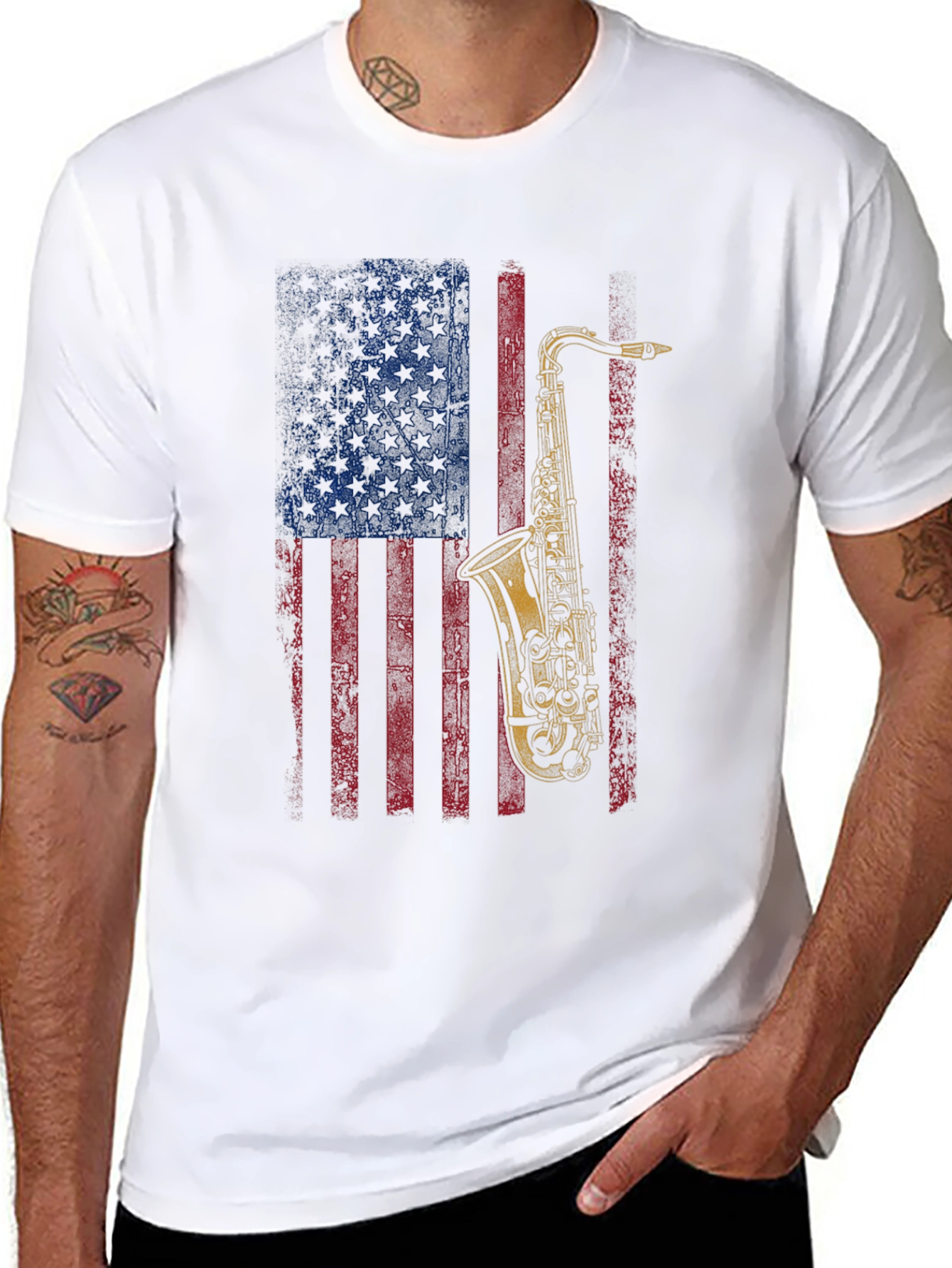 Black Saxophone American Flag Graphic T-Shirt view 8