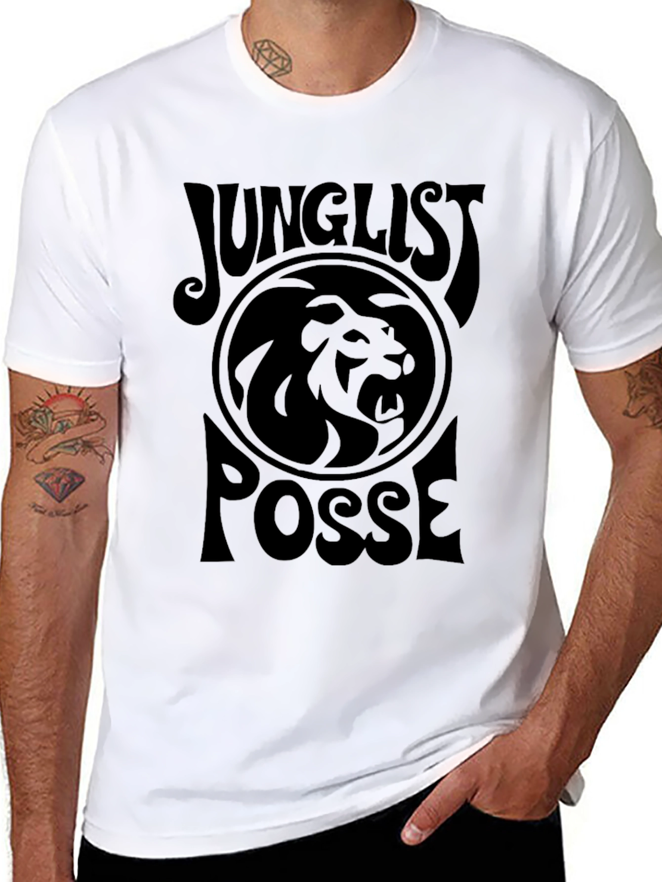 Black Junglist Posse Black T-Shirt with Lion Graphic view 8